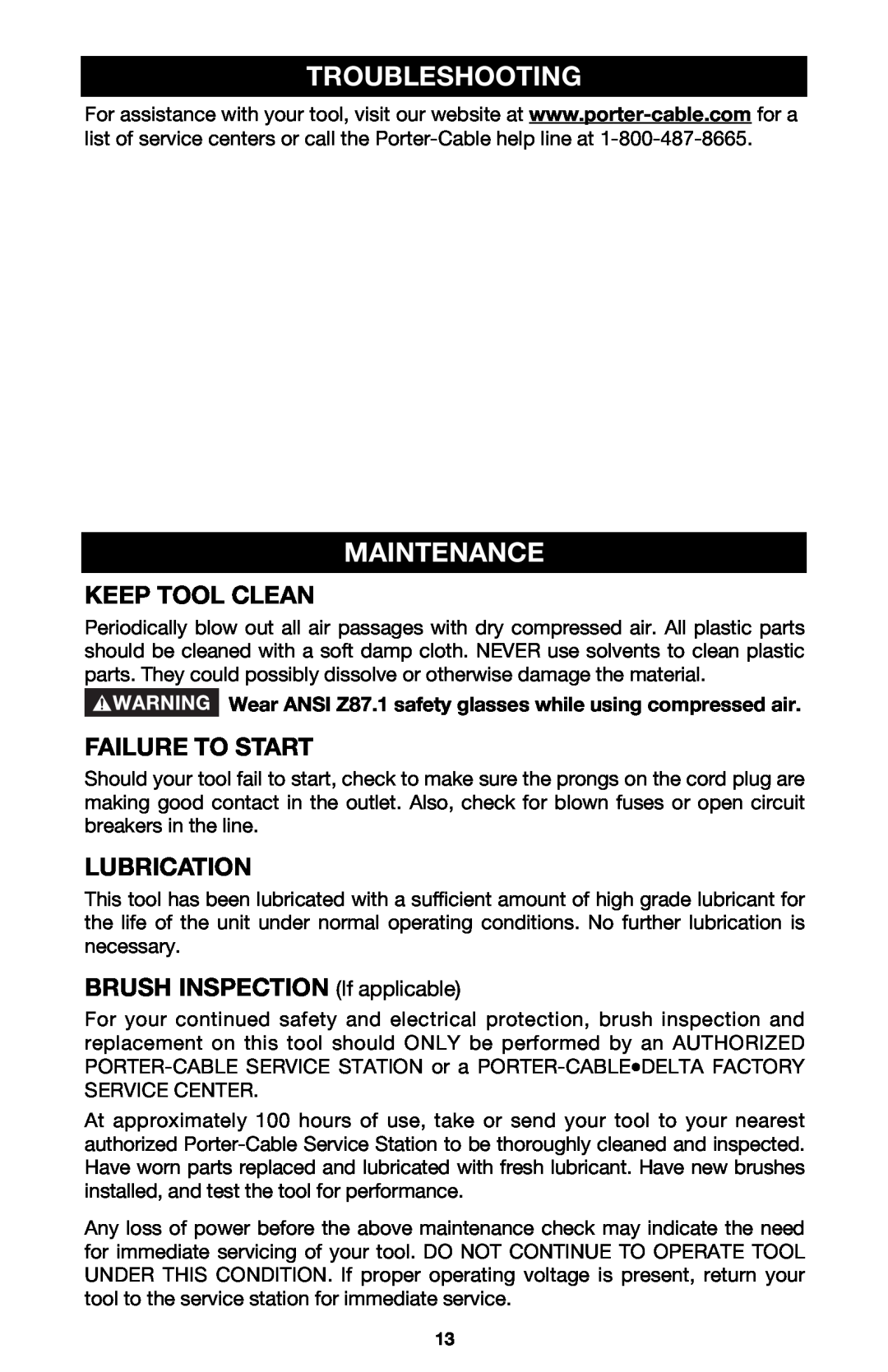 Porter-Cable 6603 instruction manual Troubleshooting, Maintenance, Keep Tool Clean, Failure To Start, Lubrication 