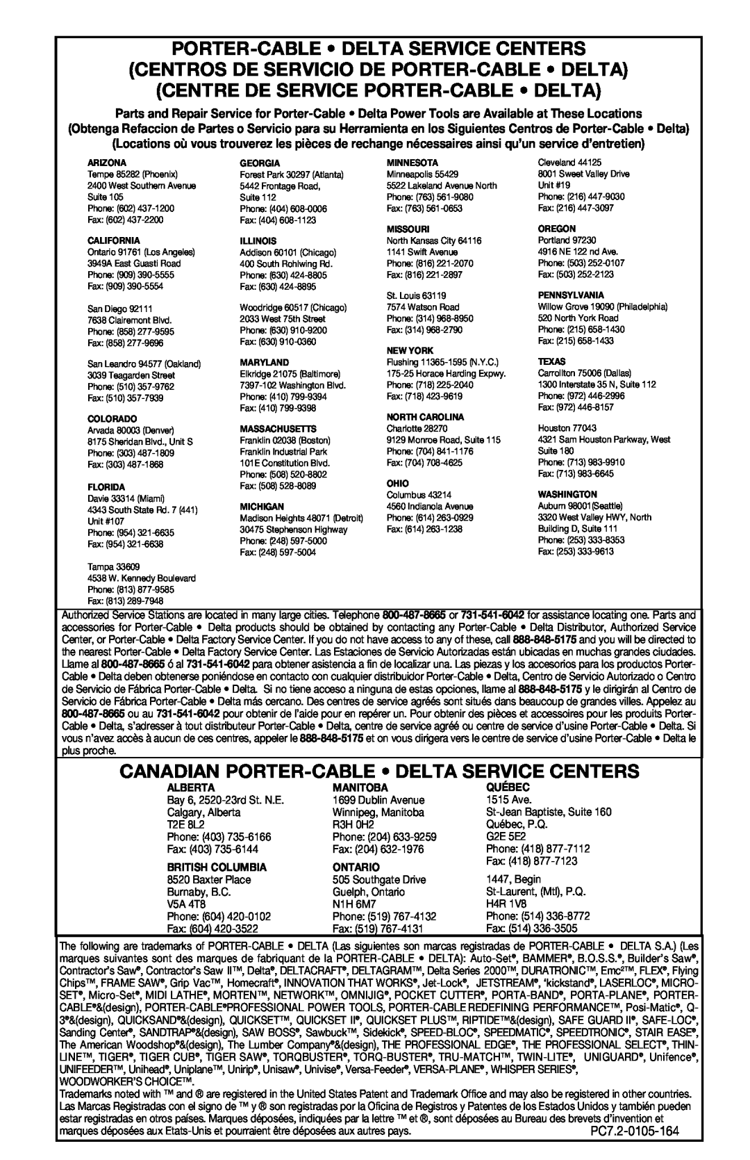 Porter-Cable 6603 Porter-Cable Delta Service Centers, Centros De Servicio De Porter-Cable Delta, Alberta, Manitoba, Québec 