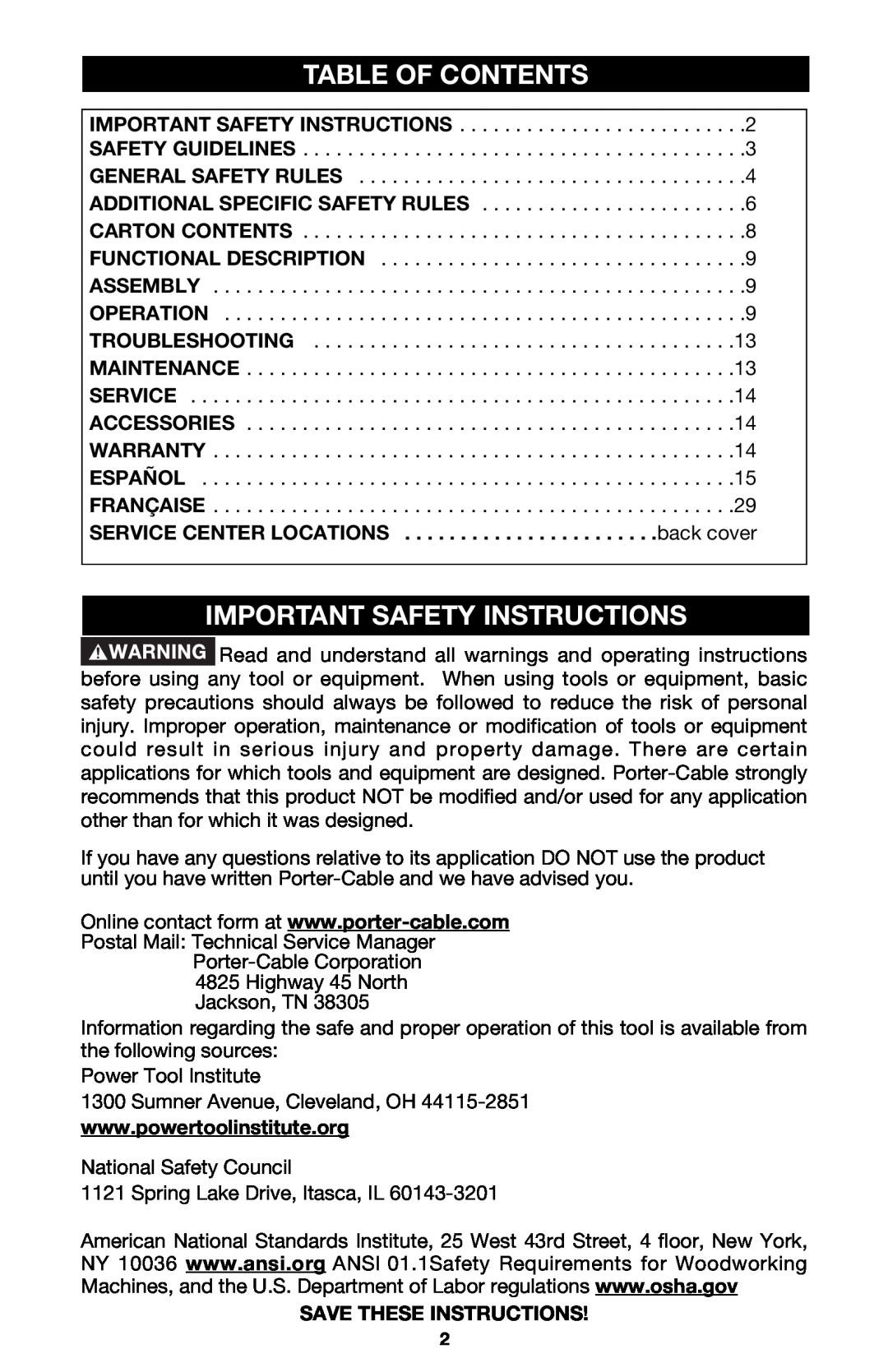Porter-Cable 6603 instruction manual Table Of Contents, Important Safety Instructions 