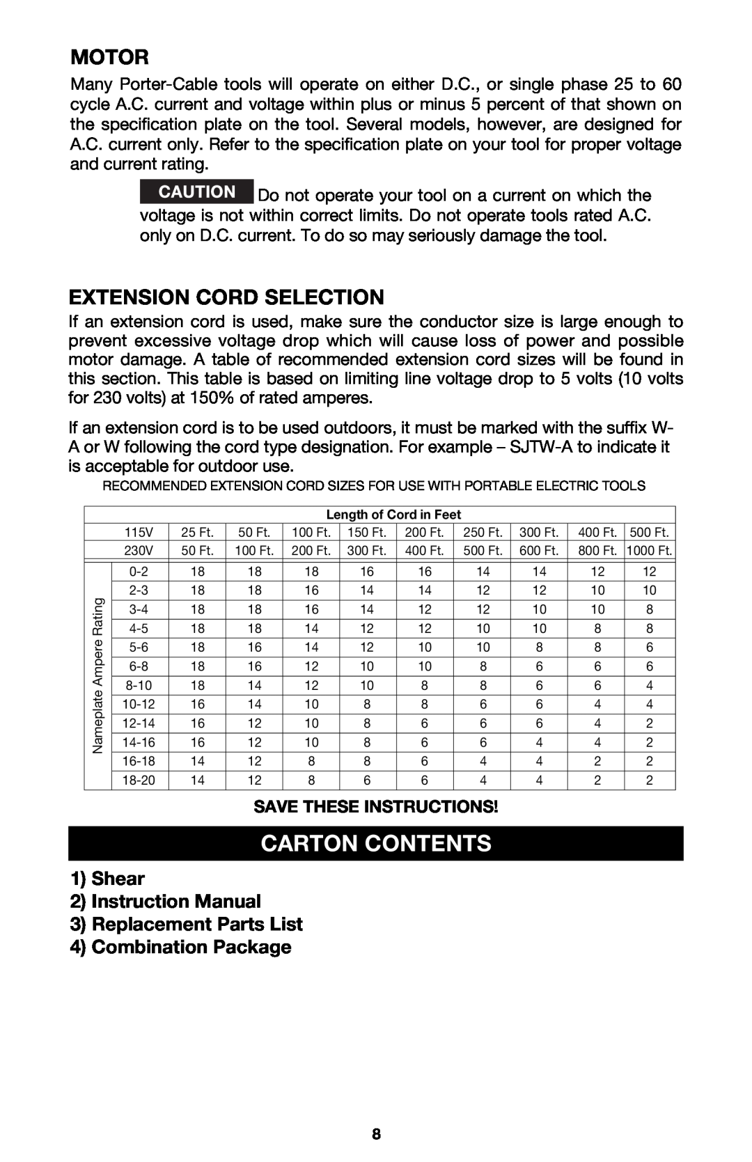 Porter-Cable 6603 instruction manual Carton Contents, Motor, Extension Cord Selection, Combination Package 