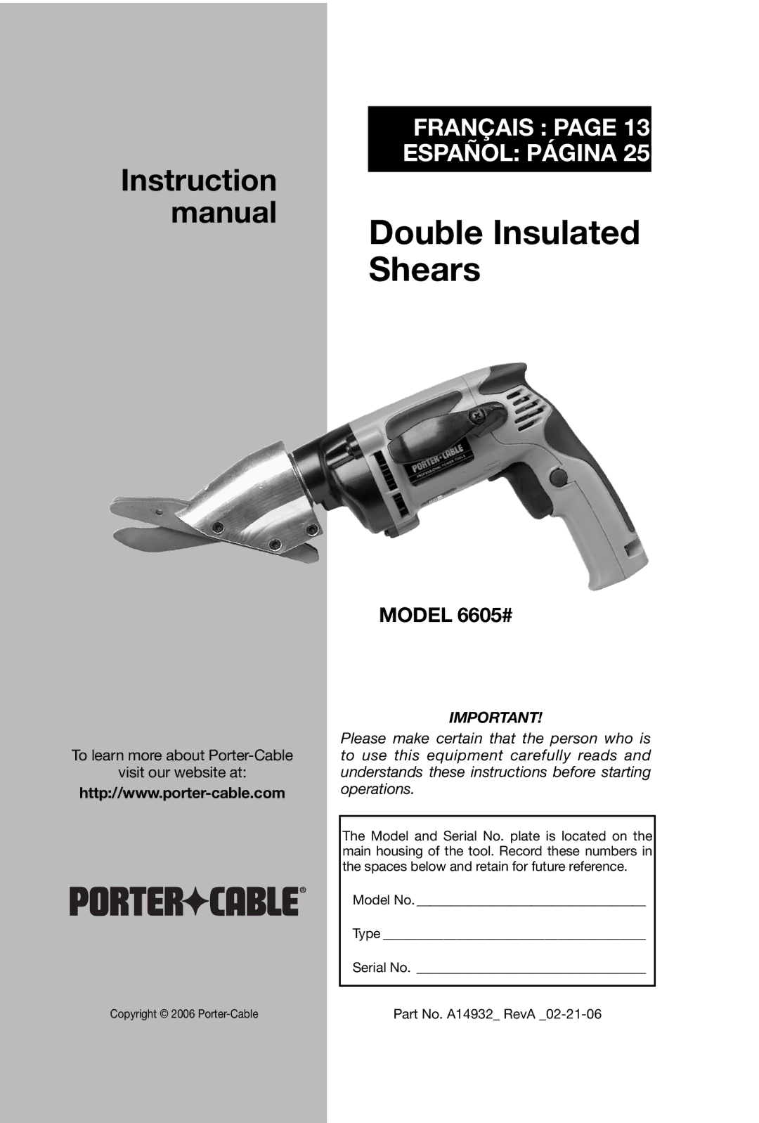 Porter-Cable 6605 instruction manual Double Insulated Shears 