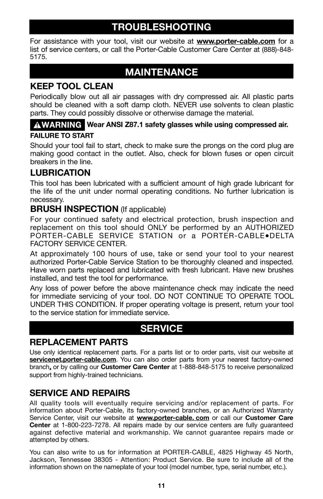 Porter-Cable 6605 instruction manual Troubleshooting, Maintenance, Service 