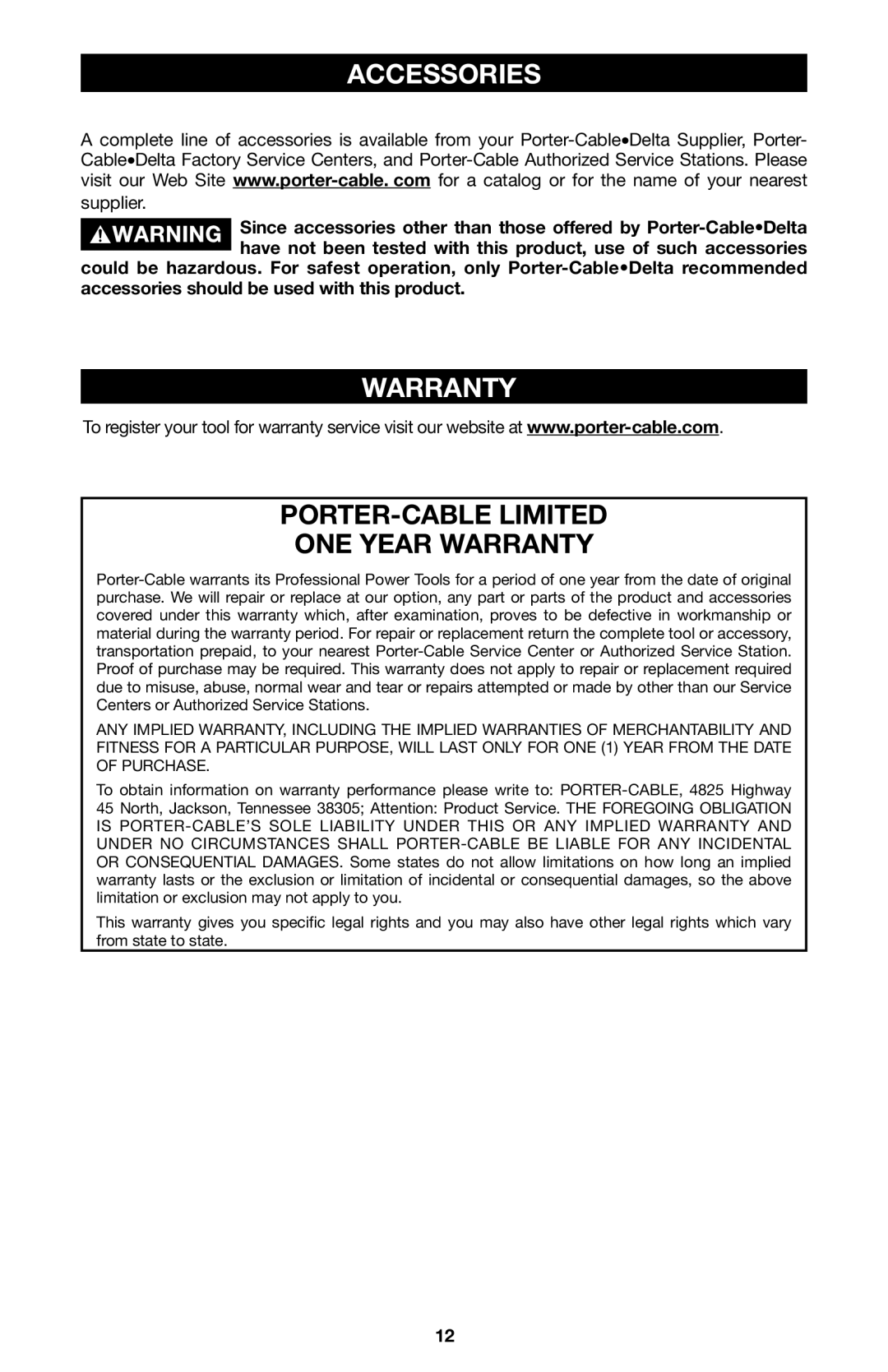 Porter-Cable 6605 instruction manual Accessories, Warranty 