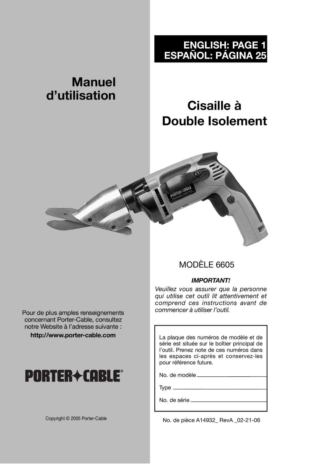 Porter-Cable 6605 instruction manual Manuel ’utilisation Cisaille à Double Isolement 