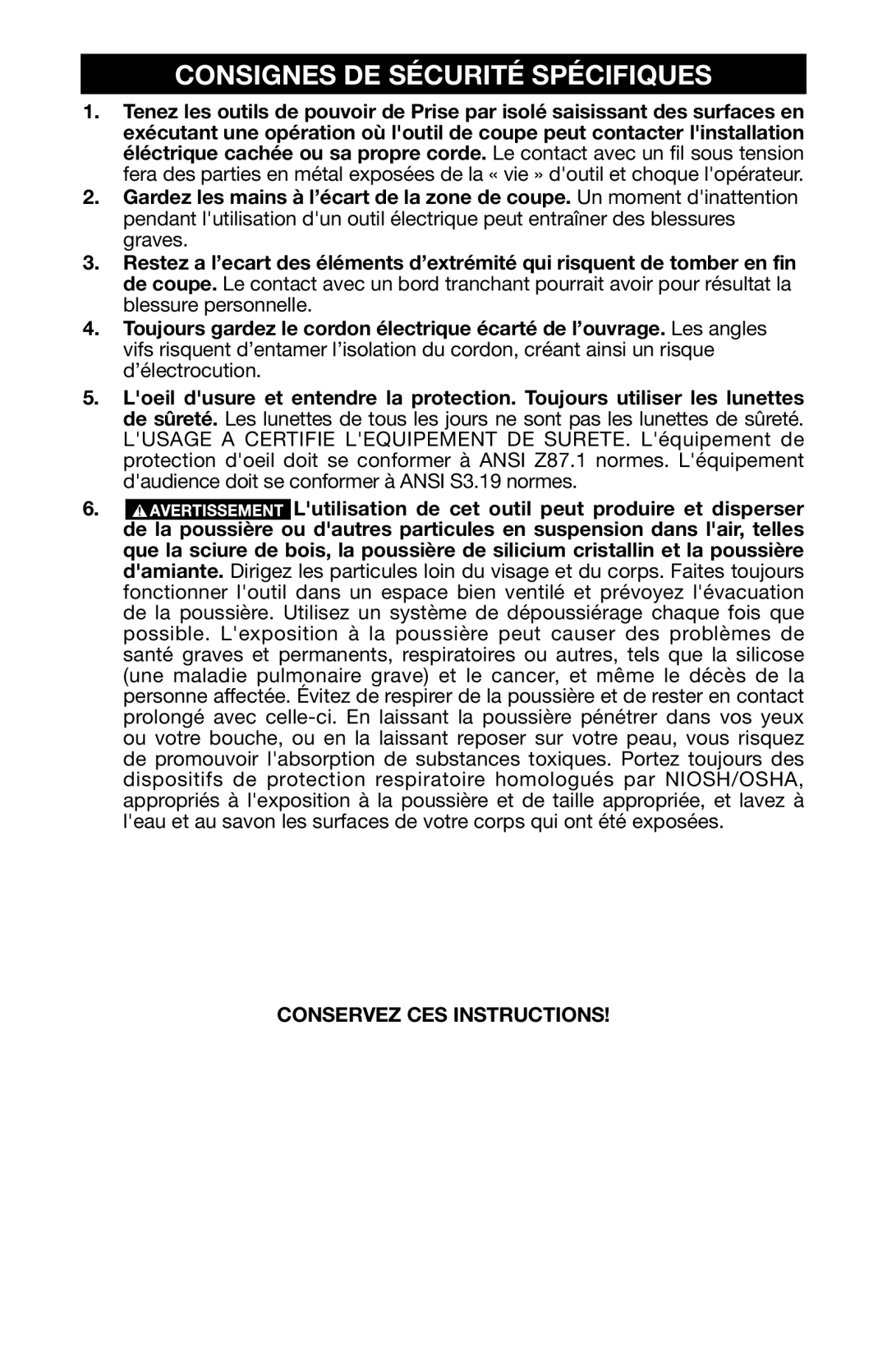 Porter-Cable 6605 instruction manual Consignes DE Sécurité Spécifiques 