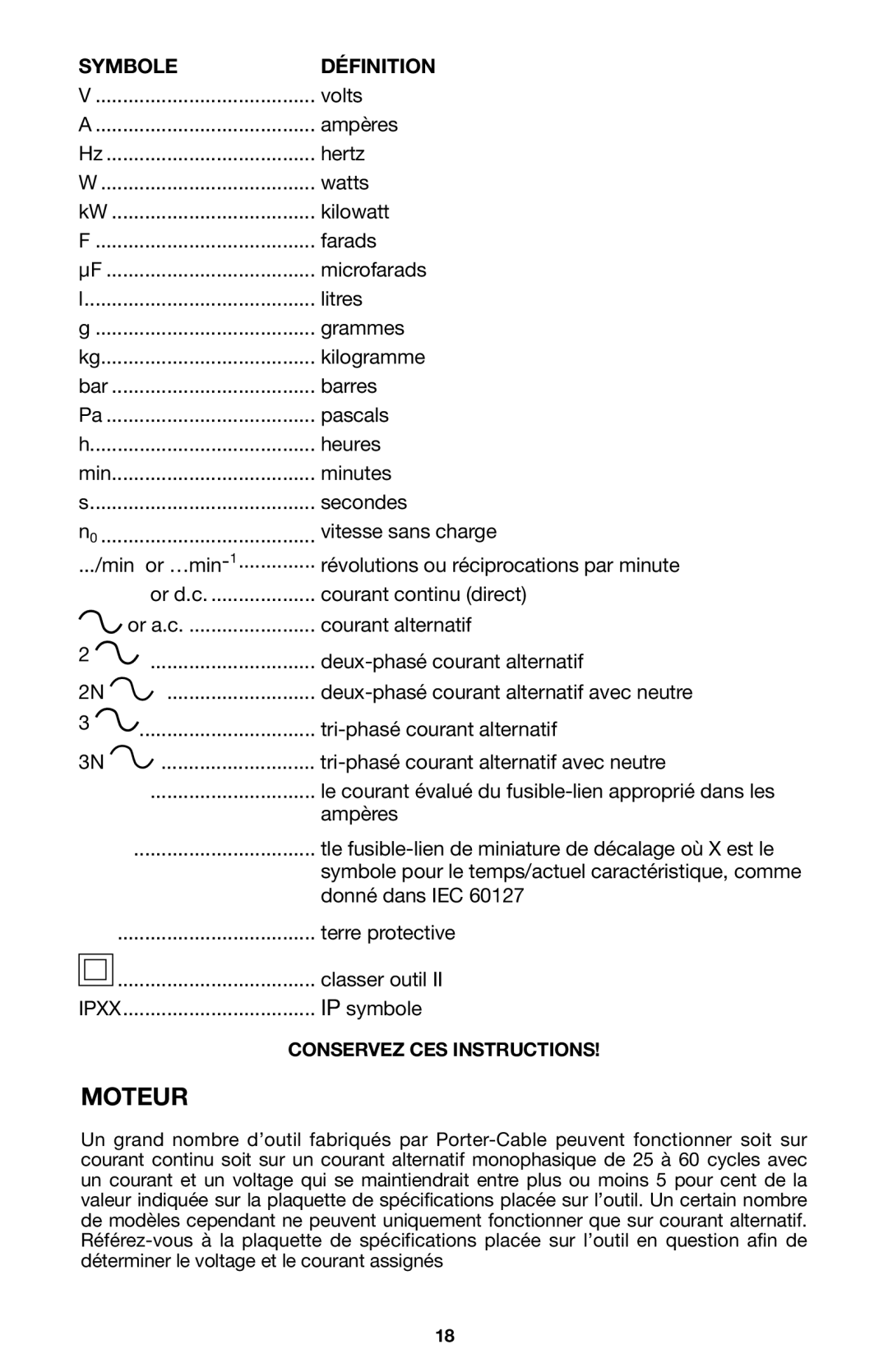 Porter-Cable 6605 instruction manual Moteur, Symbole Définition 