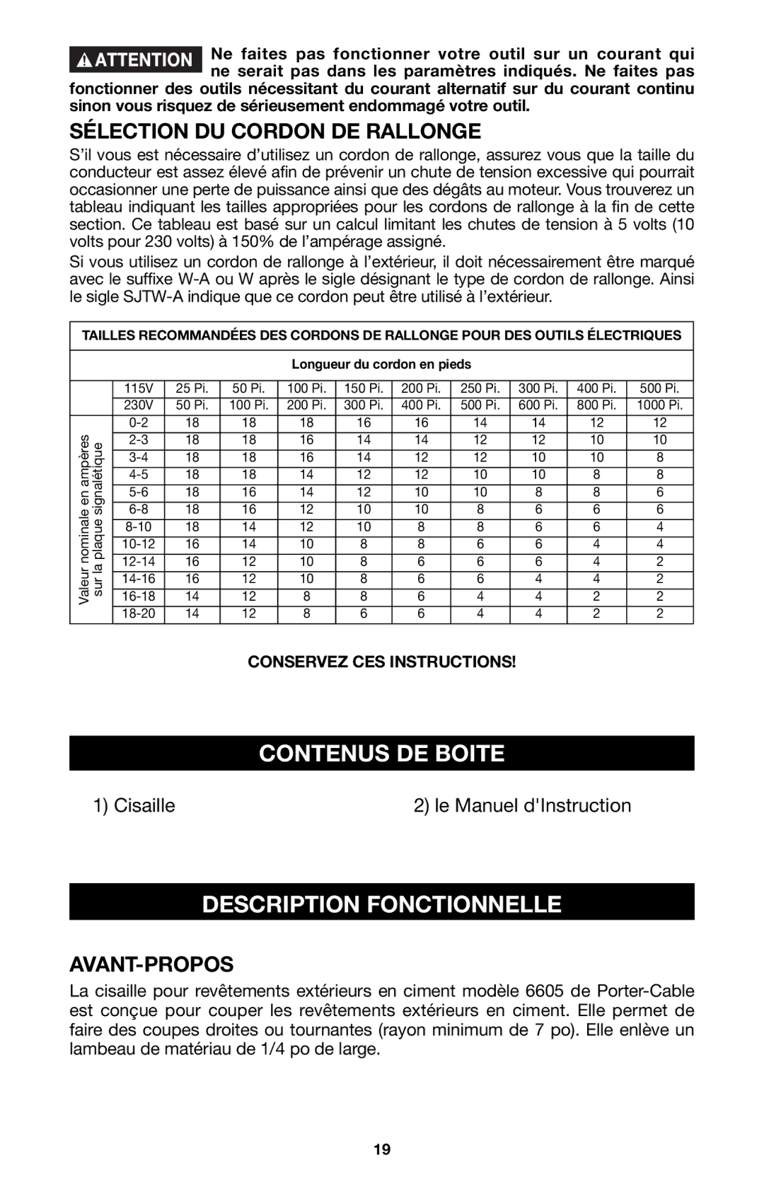 Porter-Cable 6605 Contenus DE Boite, Description Fonctionnelle, Sélection DU Cordon DE Rallonge, Avant-Propos 