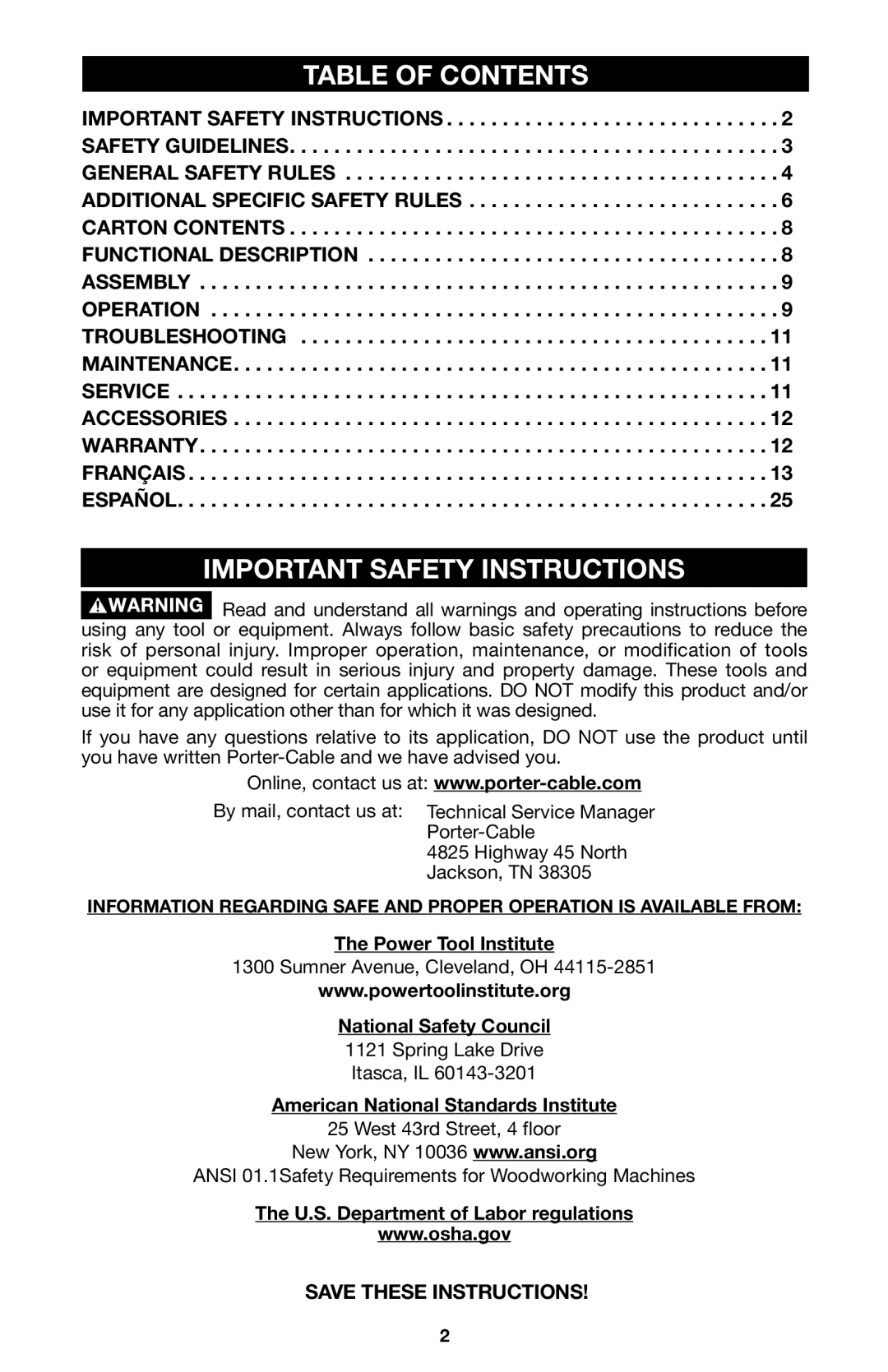 Porter-Cable 6605 instruction manual Table of Contents, Important Safety Instructions 