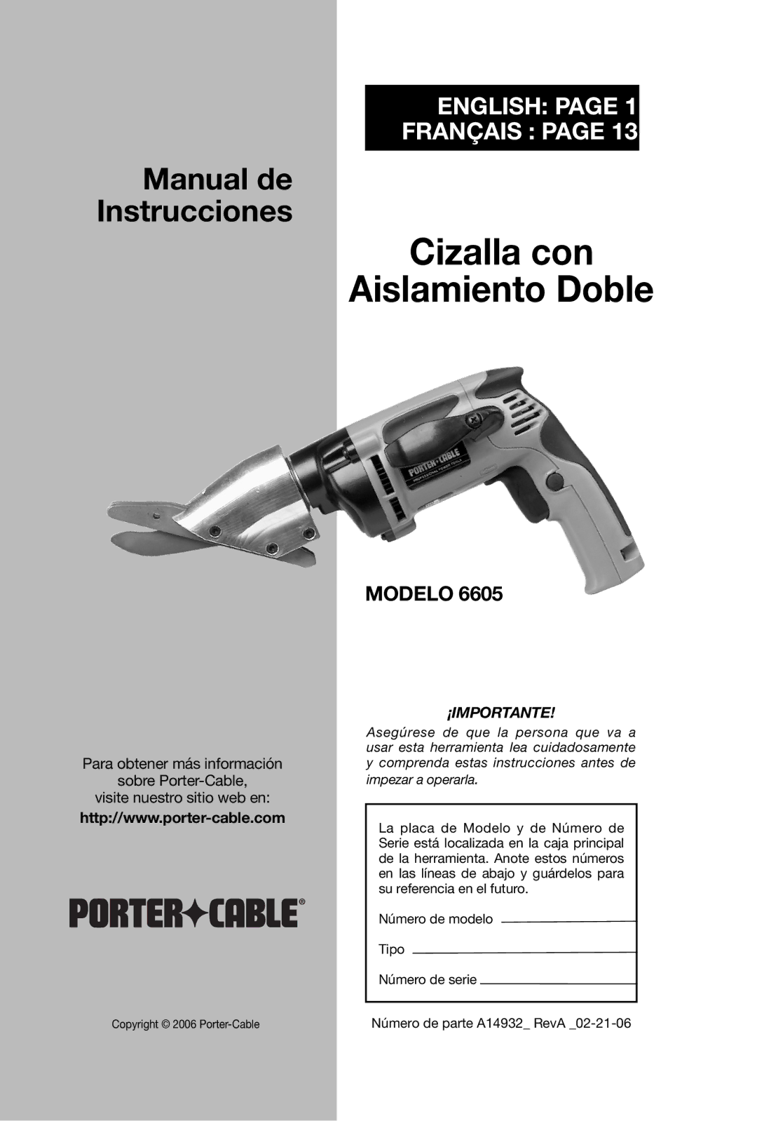 Porter-Cable 6605 instruction manual Cizalla con Aislamiento Doble 