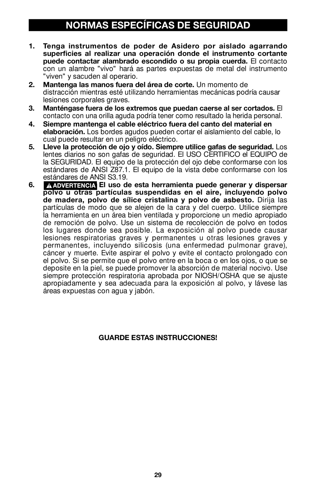 Porter-Cable 6605 instruction manual Normas Específicas DE Seguridad 