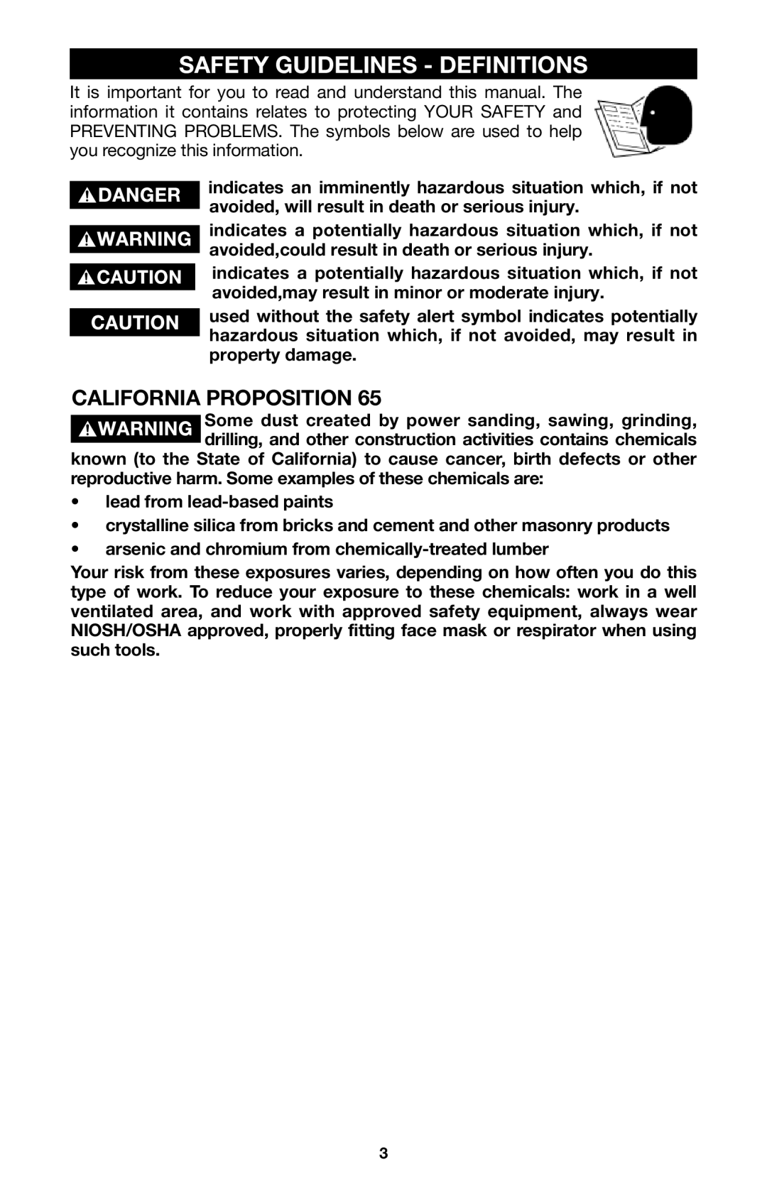 Porter-Cable 6605 instruction manual Safety Guidelines Definitions, California Proposition 