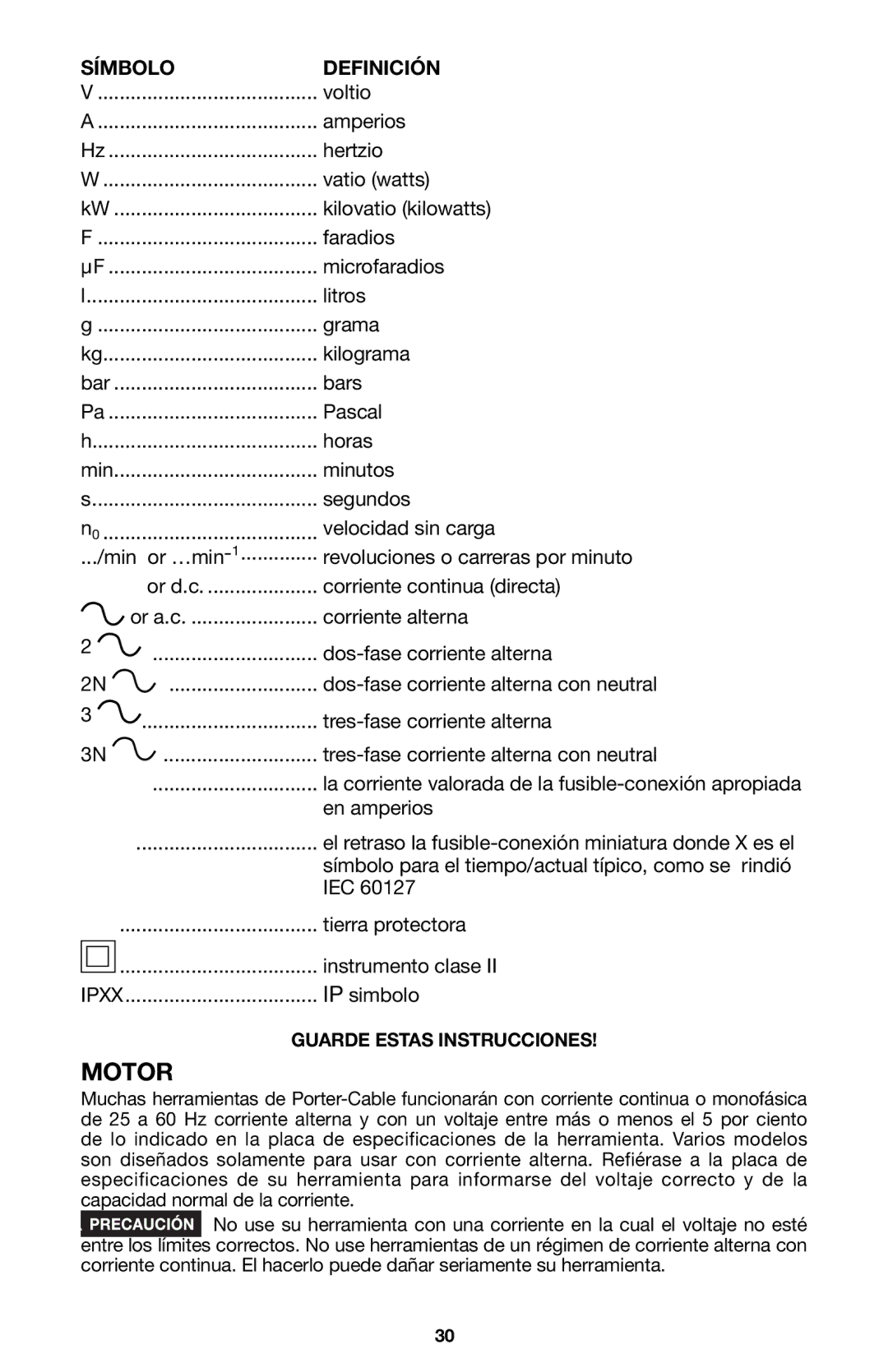 Porter-Cable 6605 instruction manual Símbolo Definición 