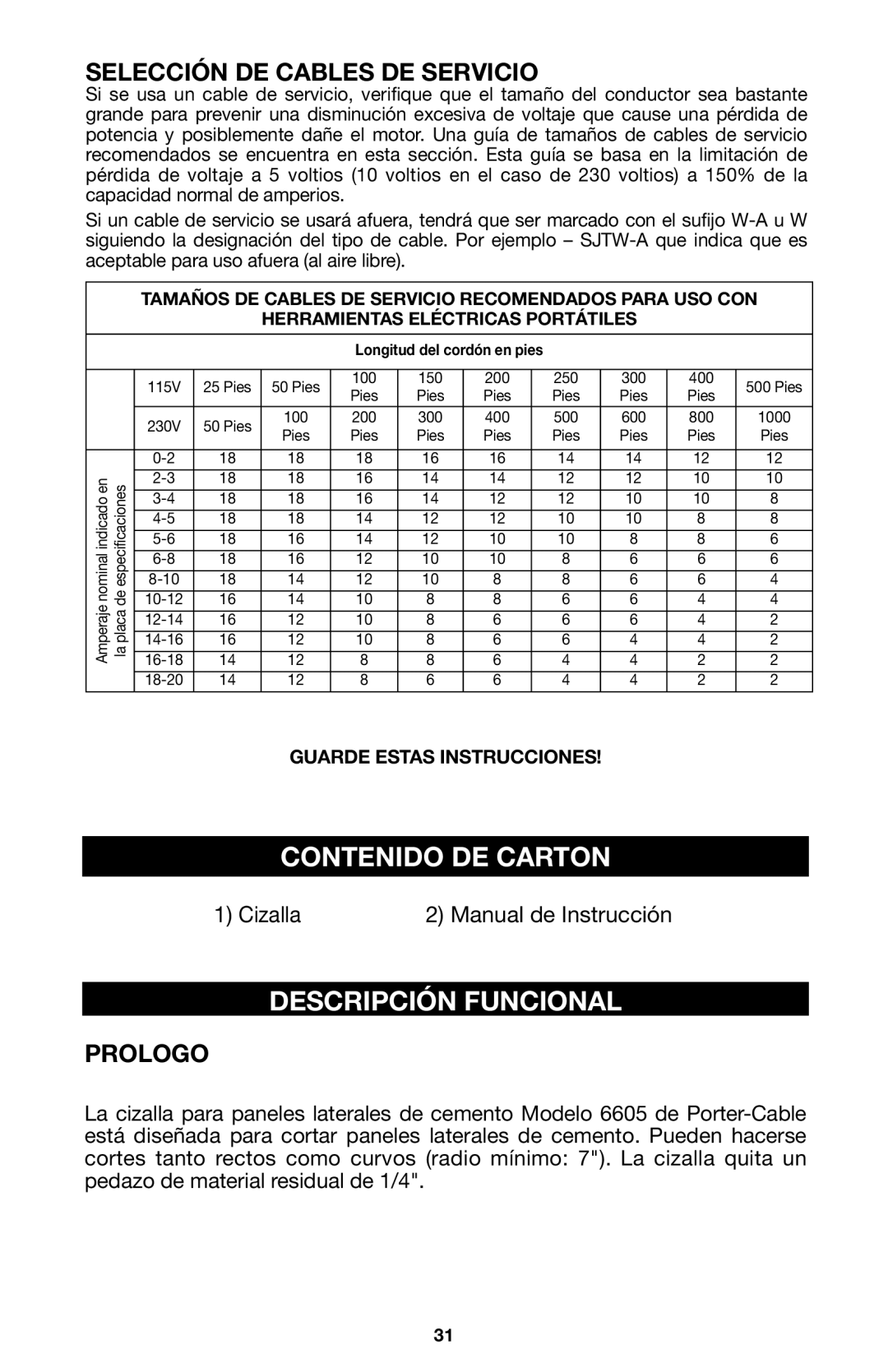 Porter-Cable 6605 instruction manual Contenido DE Carton, Descripción Funcional, Selección DE Cables DE Servicio, Prologo 