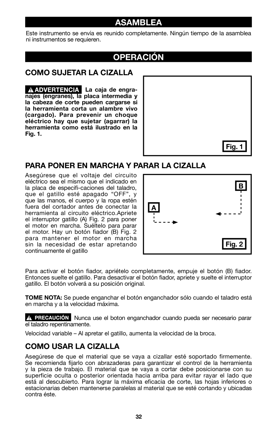 Porter-Cable 6605 instruction manual Asamblea, Operación, Como Sujetar LA Cizalla, Para Poner EN Marcha Y Parar LA Cizalla 