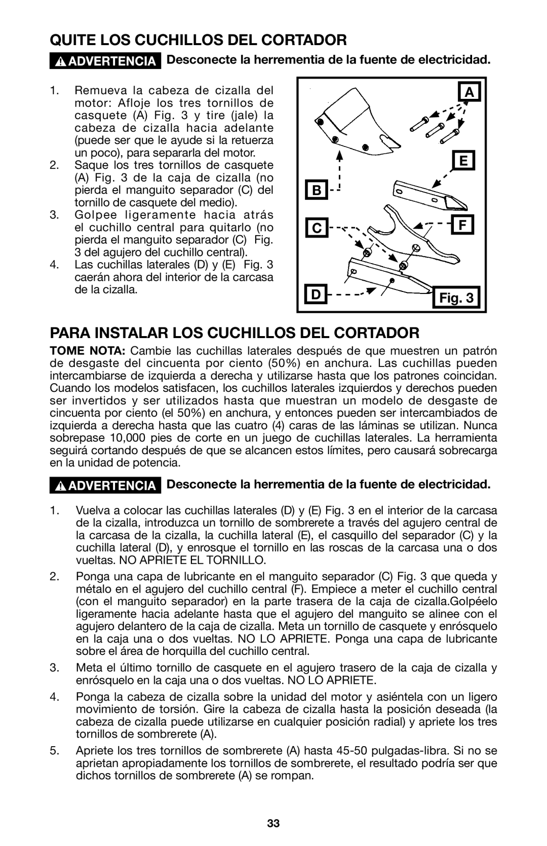 Porter-Cable 6605 instruction manual Quite LOS Cuchillos DEL Cortador, Para Instalar LOS Cuchillos DEL Cortador 