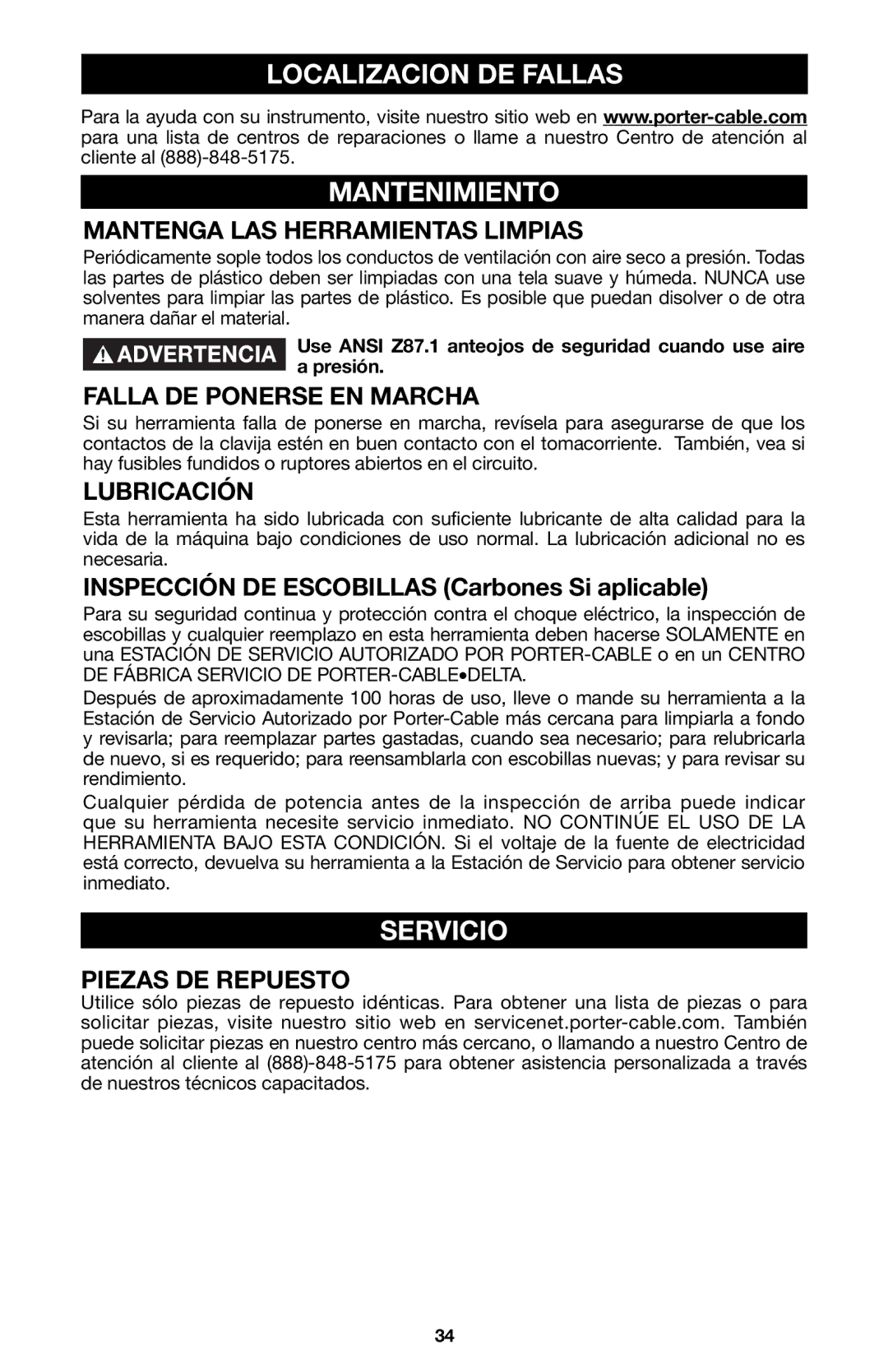 Porter-Cable 6605 instruction manual Localizacion DE Fallas Mantenimiento, Servicio 