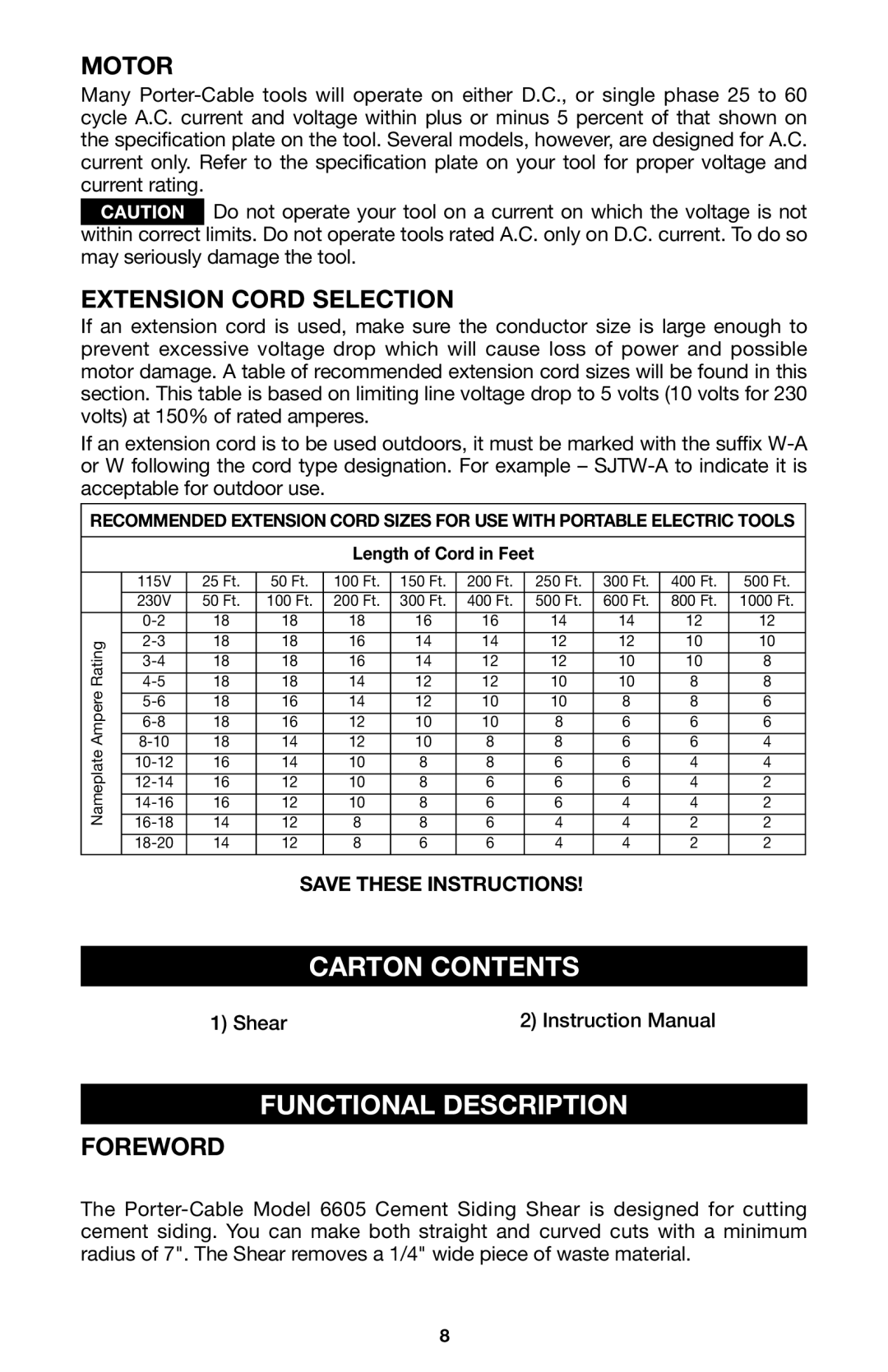 Porter-Cable 6605 instruction manual Carton Contents, Functional Description, Motor, Extension Cord Selection, Foreword 