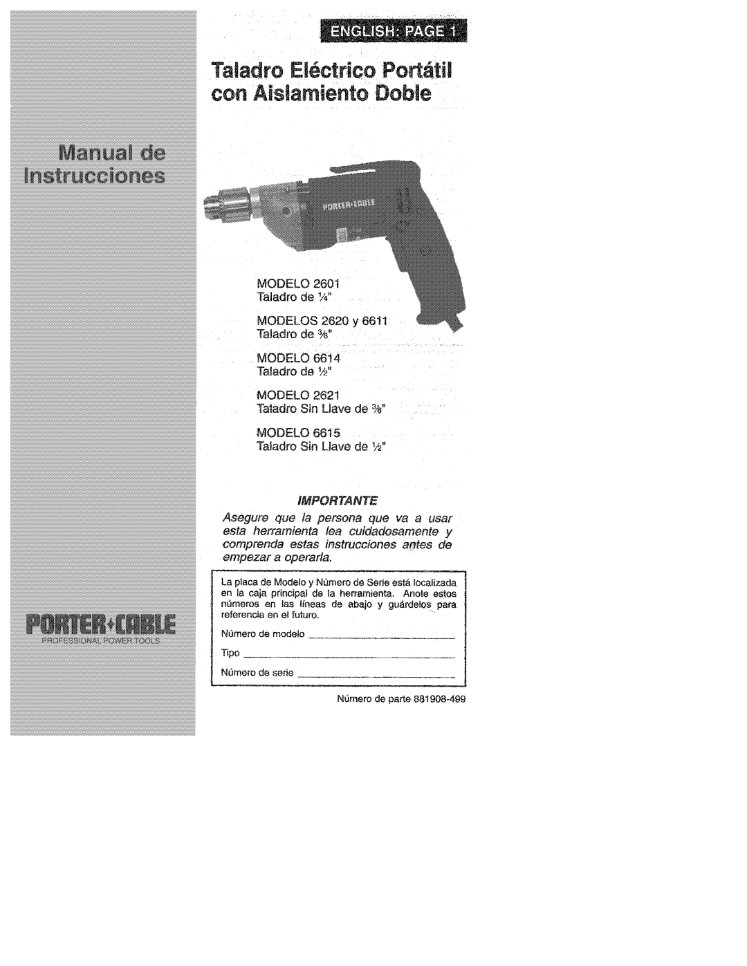 Porter-Cable 6611, 6614, 2601 manual 