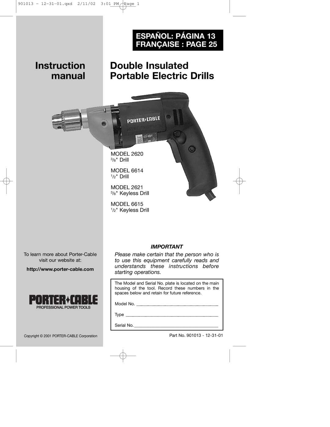 Porter-Cable 2620, 6615, 2621 instruction manual Double Insulated 