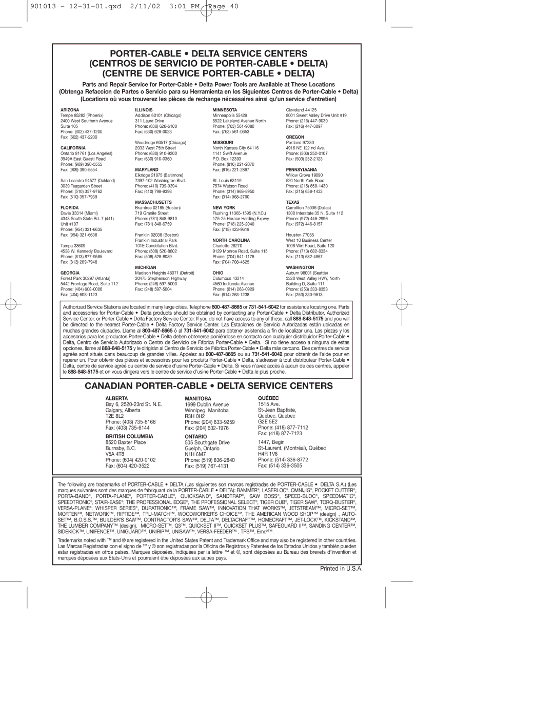 Porter-Cable 2620, 6615, 2621 instruction manual Canadian PORTER-CABLE Delta Service Centers 