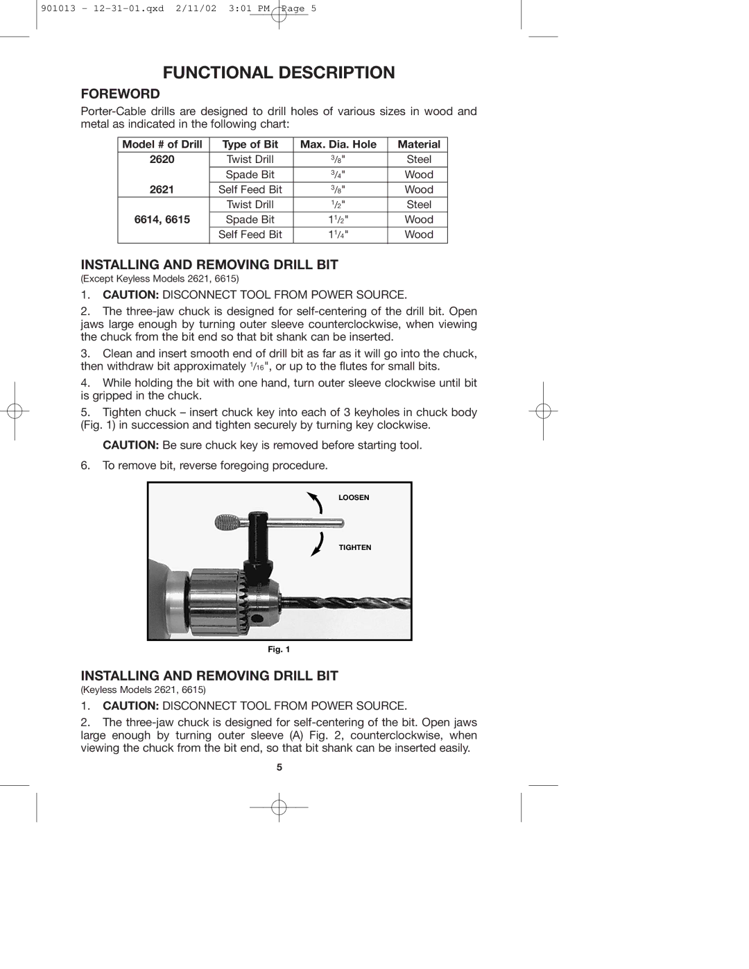 Porter-Cable 2621, 6615, 2620 instruction manual Functional Description, Foreword, Installing and Removing Drill BIT 