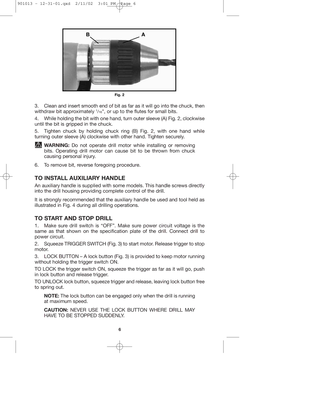 Porter-Cable 6615, 2620, 2621 instruction manual To Install Auxiliary Handle, To Start and Stop Drill 