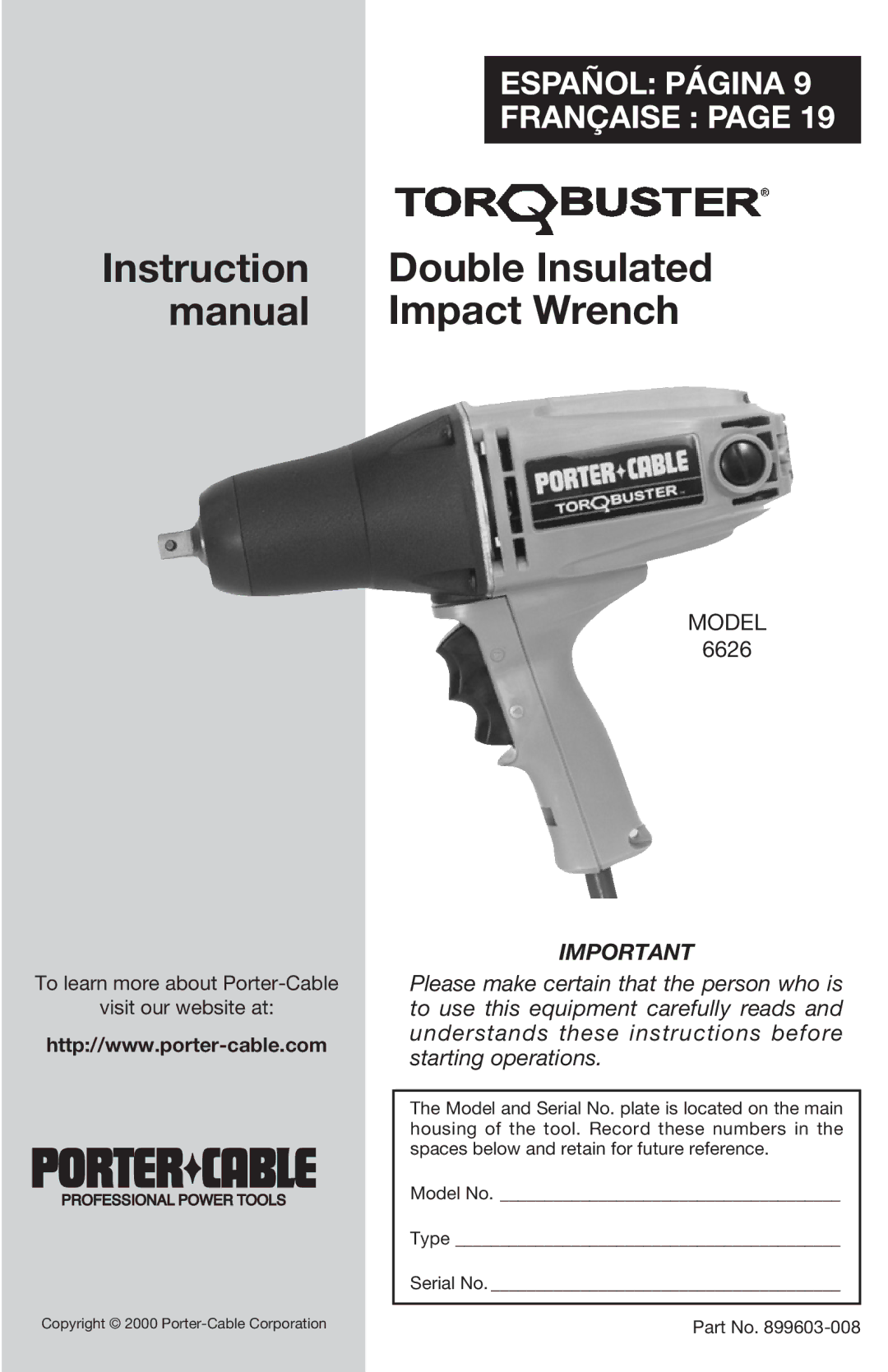 Porter-Cable 6626 instruction manual Instruction Double Insulated manual Impact Wrench 