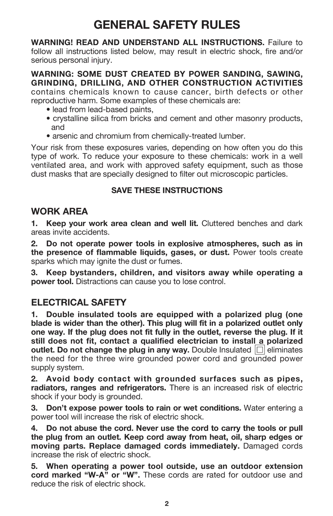 Porter-Cable 6626 instruction manual General Safety Rules, Work Area, Electrical Safety 