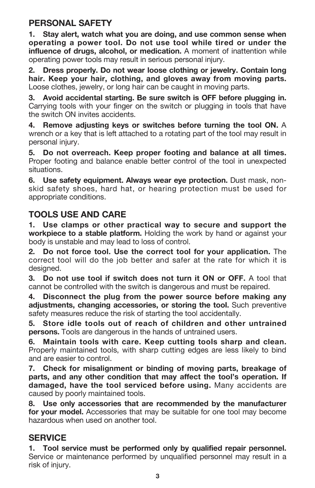 Porter-Cable 6626 instruction manual Personal Safety, Tools USE and Care, Service 