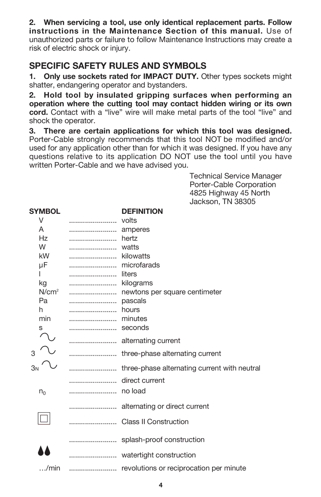 Porter-Cable 6626 instruction manual Specific Safety Rules and Symbols, Jackson, TN 