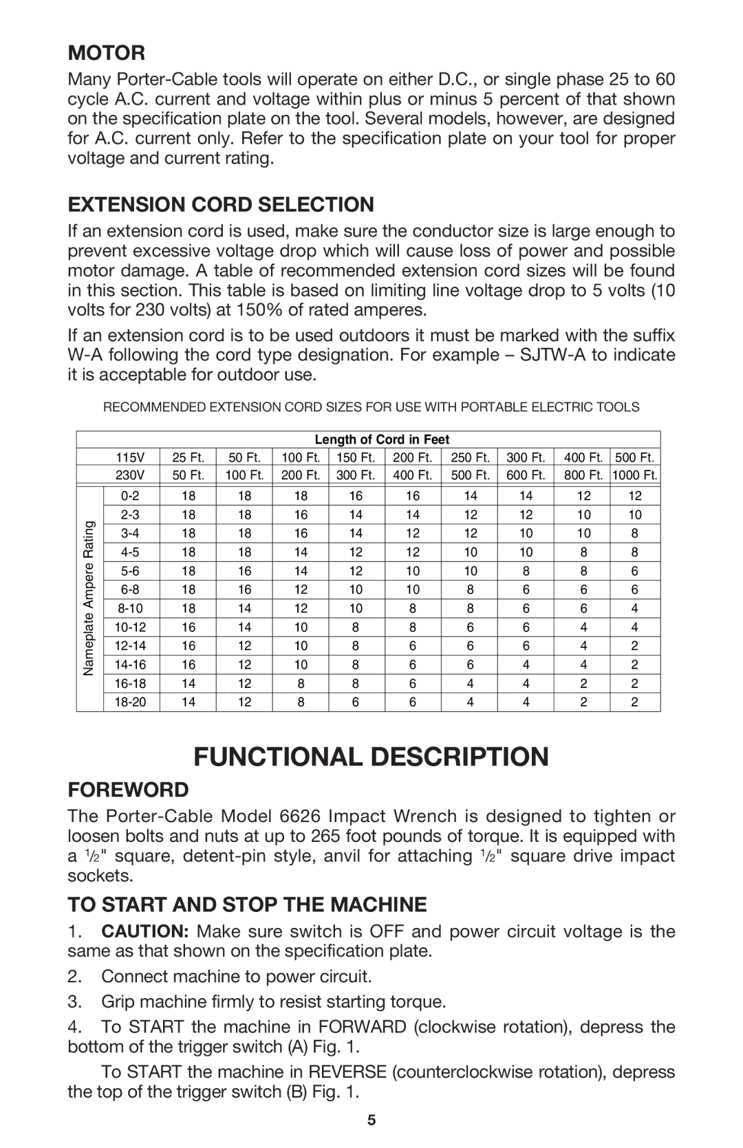 Porter-Cable 6626 Functional Description, Motor, Extension Cord Selection, Foreword, To Start and Stop the Machine 