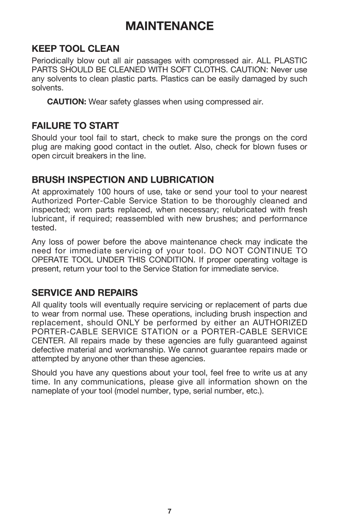 Porter-Cable 6626 Maintenance, Keep Tool Clean, Failure to Start, Brush Inspection and Lubrication, Service and Repairs 