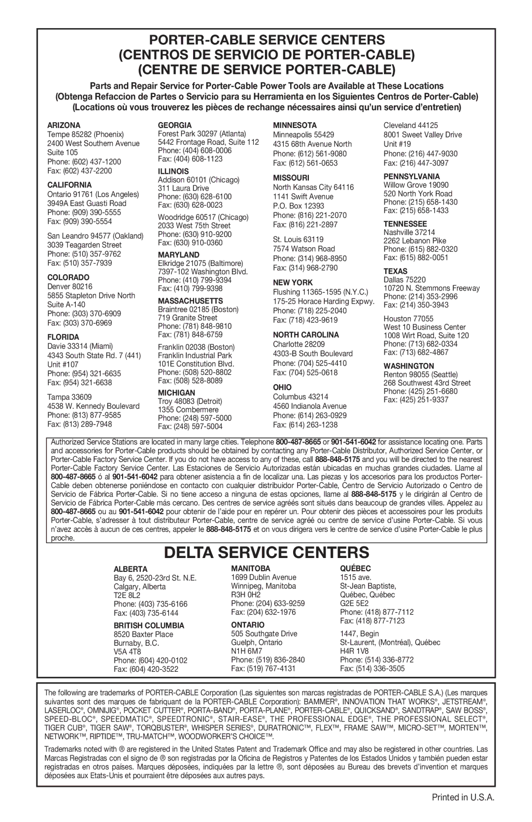 Porter-Cable 6626 instruction manual Delta Service Centers 