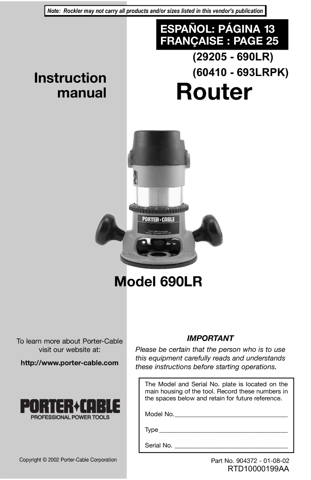 Porter-Cable instruction manual ManualRouter Model 690LR 