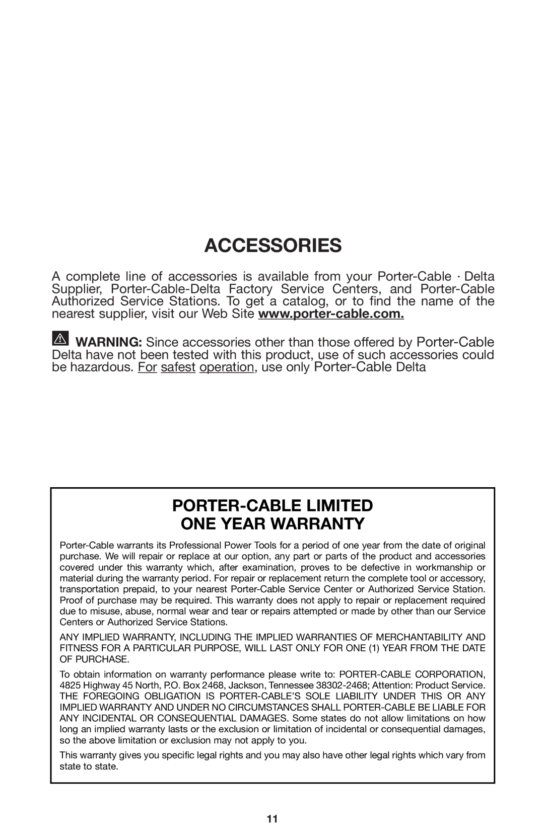 Porter-Cable 690LR instruction manual Accessories, PORTER-CABLE Limited ONE Year Warranty 