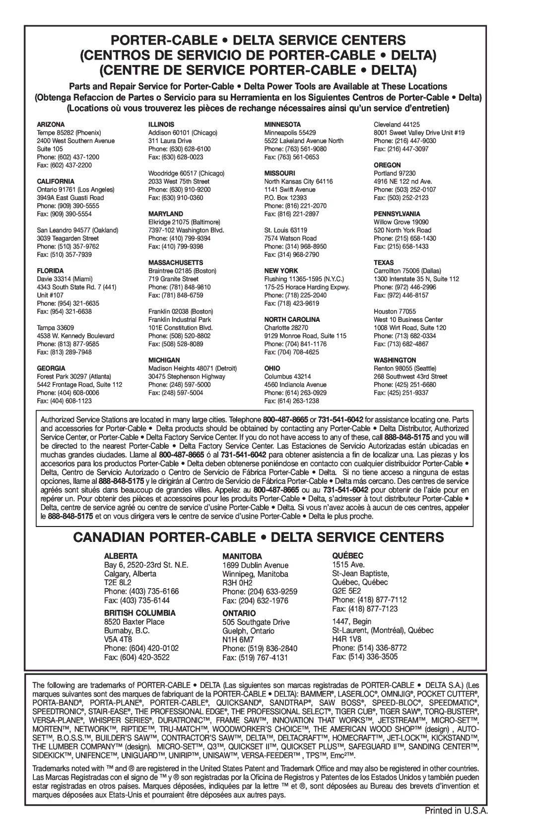 Porter-Cable 690LR instruction manual Canadian PORTER-CABLE Delta Service Centers 