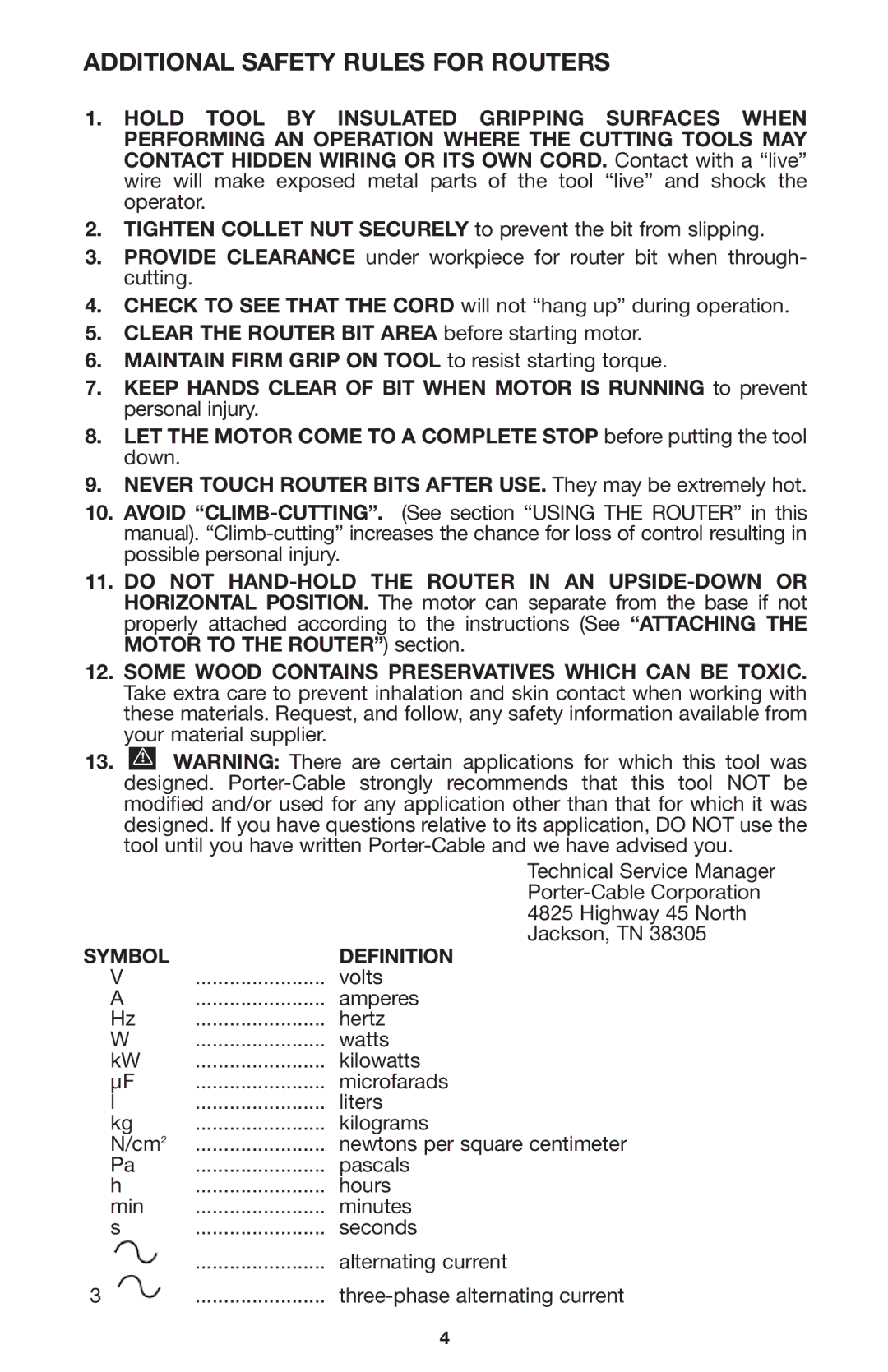 Porter-Cable 690LR instruction manual Additional Safety Rules for Routers, Symbol Definition 