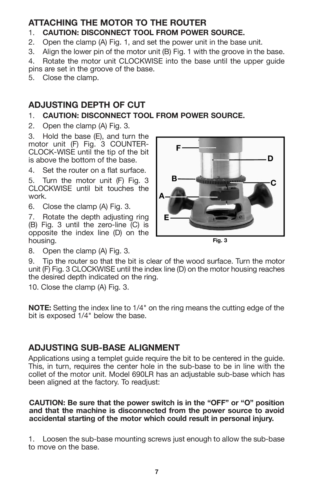 Porter-Cable 690LR Attaching the Motor to the Router, Adjusting Depth of CUT, Adjusting SUB-BASE Alignment 