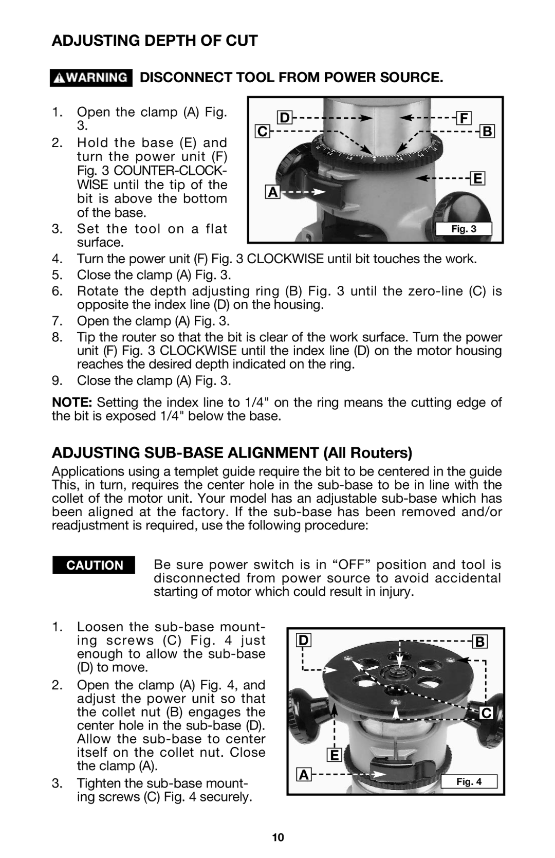 Porter-Cable 691, 690LRVS instruction manual Adjusting Depth of CUT, Adjusting SUB-BASE Alignment All Routers 