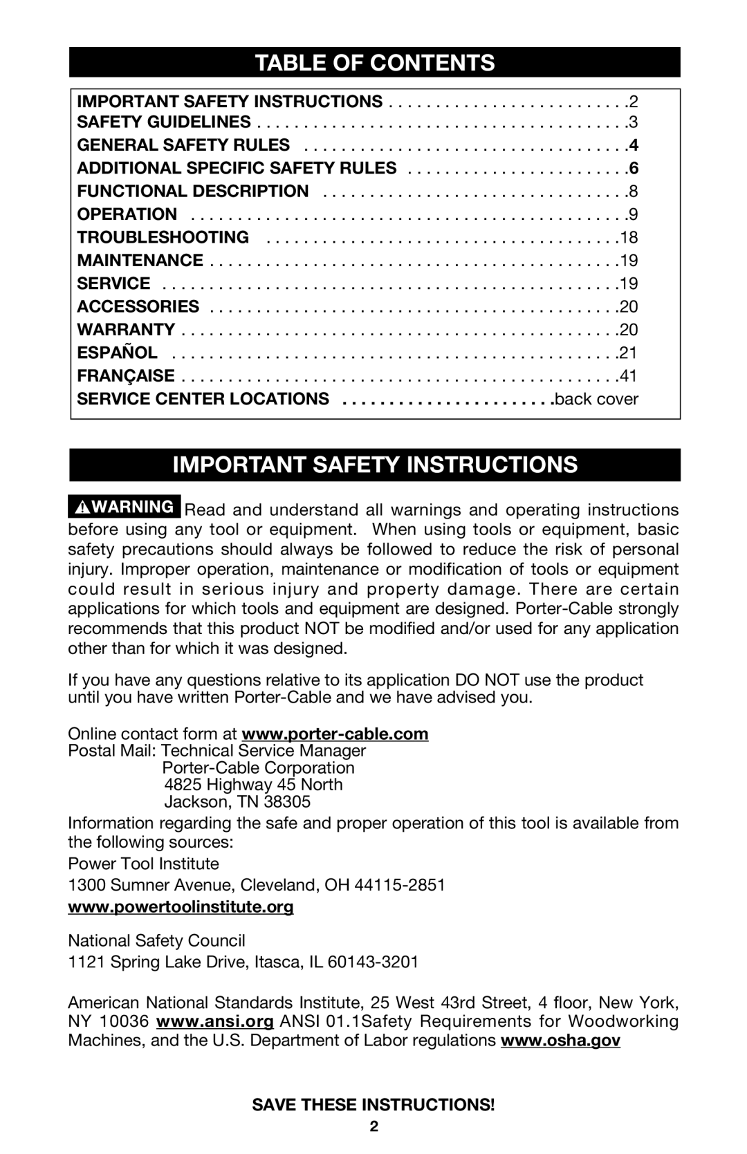 Porter-Cable 691, 690LRVS instruction manual Table of Contents, Important Safety Instructions 