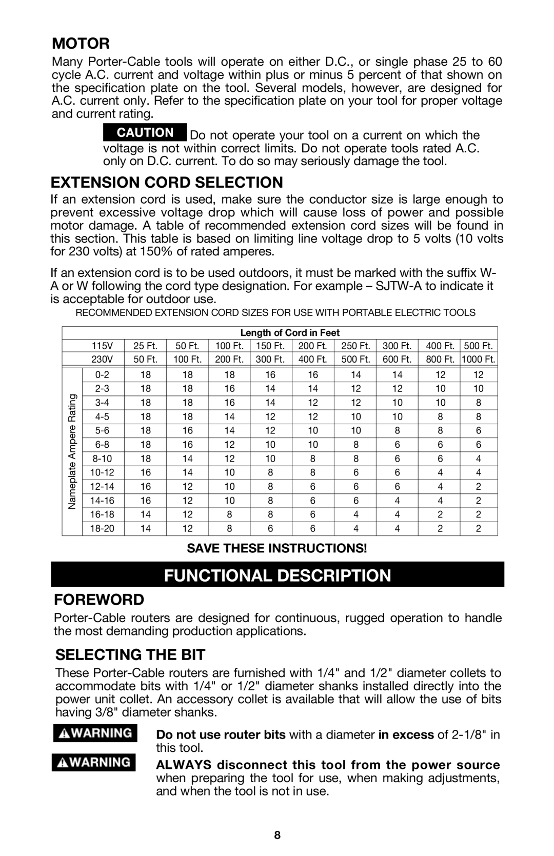 Porter-Cable 691, 690LRVS Functional Description, Motor, Extension Cord Selection, Foreword, Selecting the BIT 