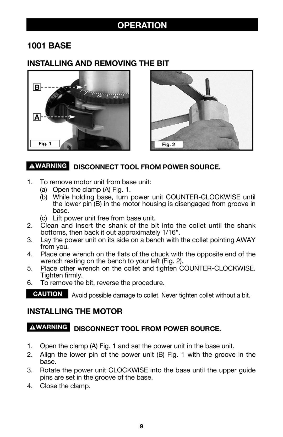 Porter-Cable 690LRVS, 691 instruction manual Operation, Installing and Removing the BIT, Installing the Motor 