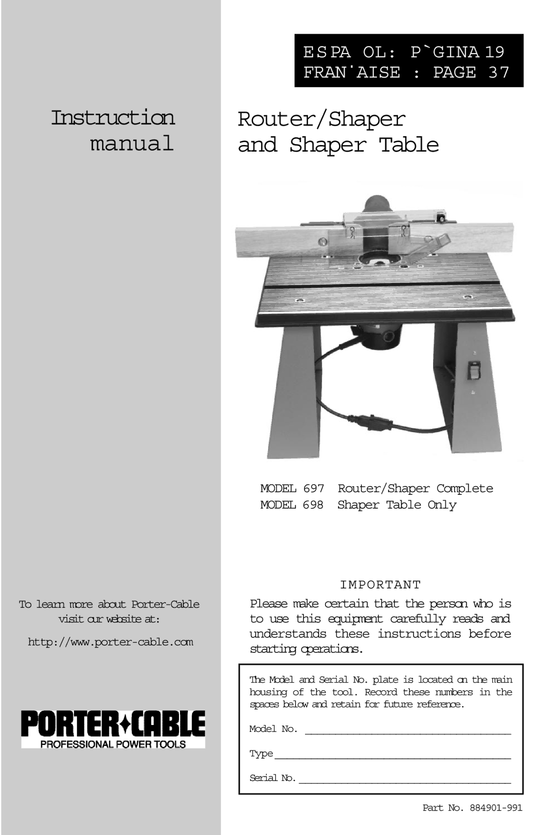 Porter-Cable 698, 697 instruction manual Router/Shaper 