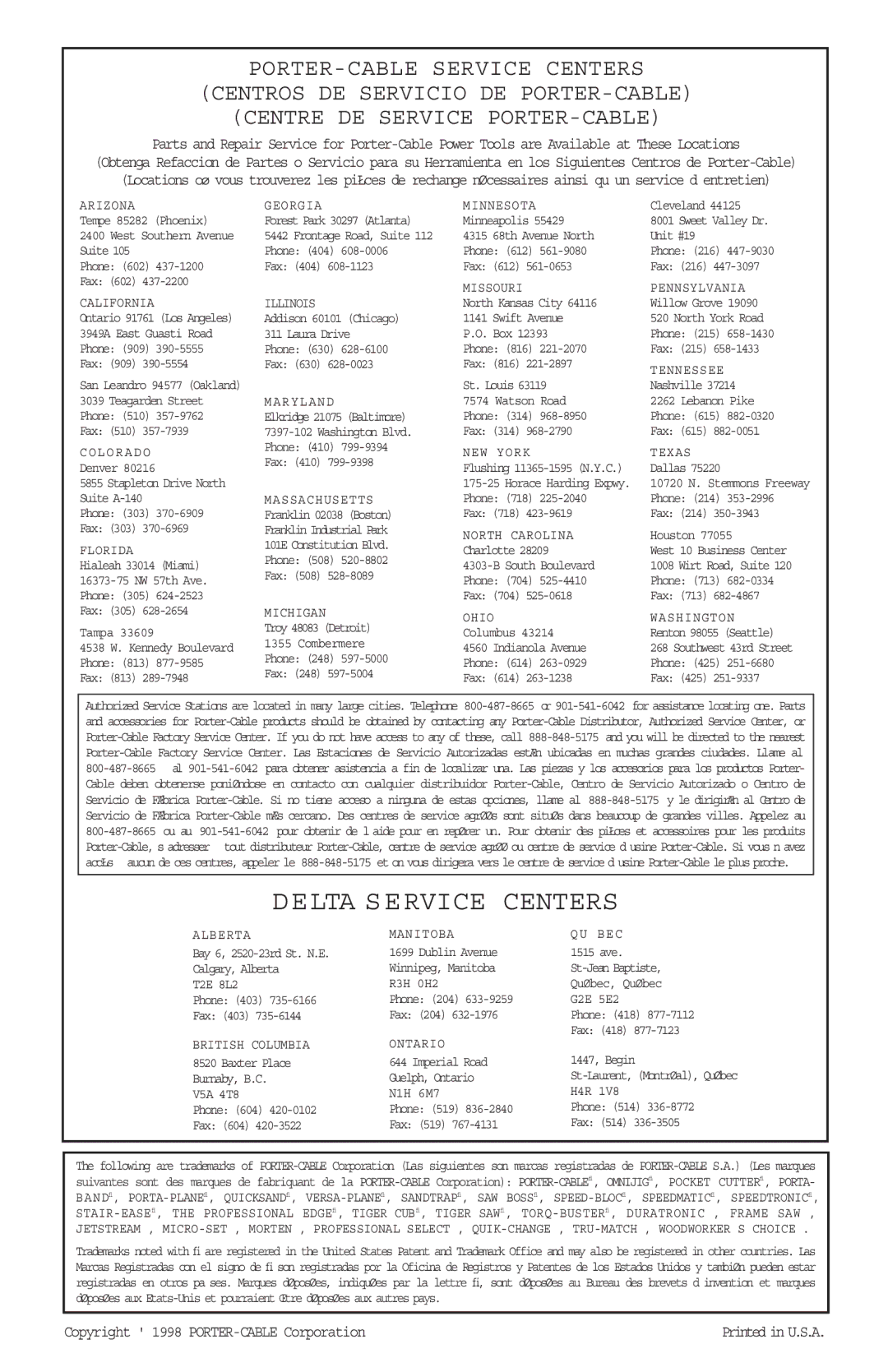 Porter-Cable 698, 697 instruction manual Delta Service Centers 