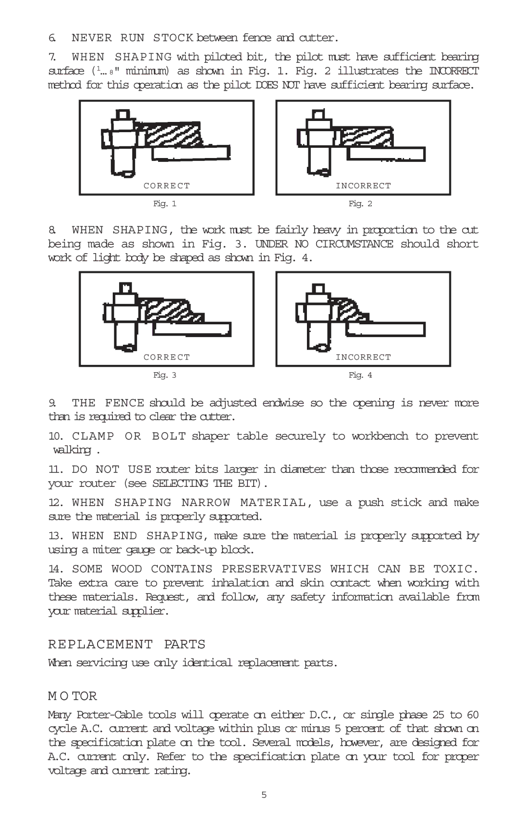 Porter-Cable 698, 697 instruction manual Replacement Parts, Tor, Never RUN Stock between fence and cutter 