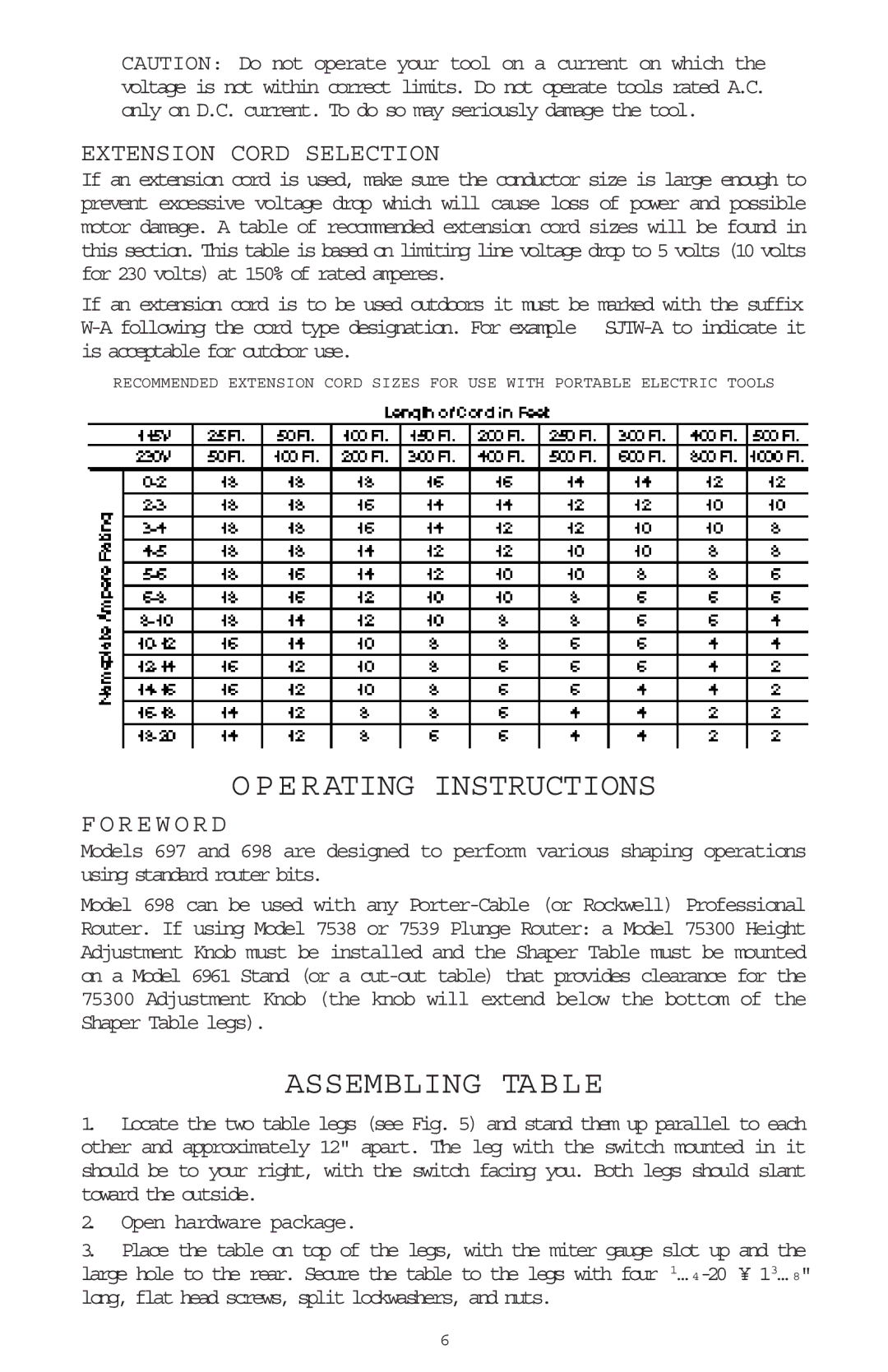 Porter-Cable 697 Operating Instructions, Assembling Table, Extension Cord Selection, R E W O R D, Open hardware package 