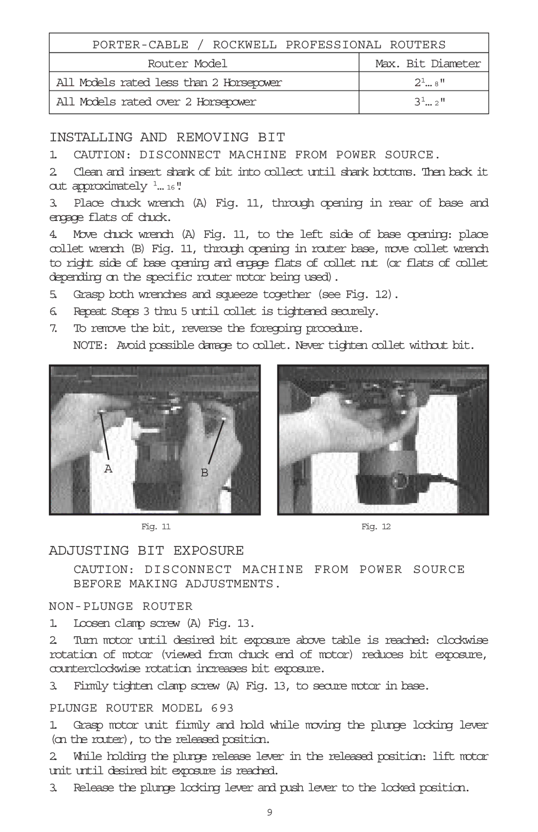 Porter-Cable 698, 697 Installing and Removing BIT, Adjusting BIT Exposure, PORTER-CABLE / Rockwell Professional Routers 