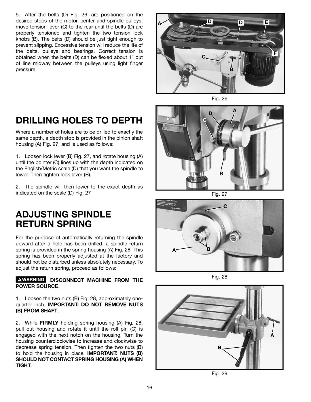 Porter-Cable 70-200 instruction manual Drilling Holes to Depth, Adjusting Spindle Return Spring, From Shaft 