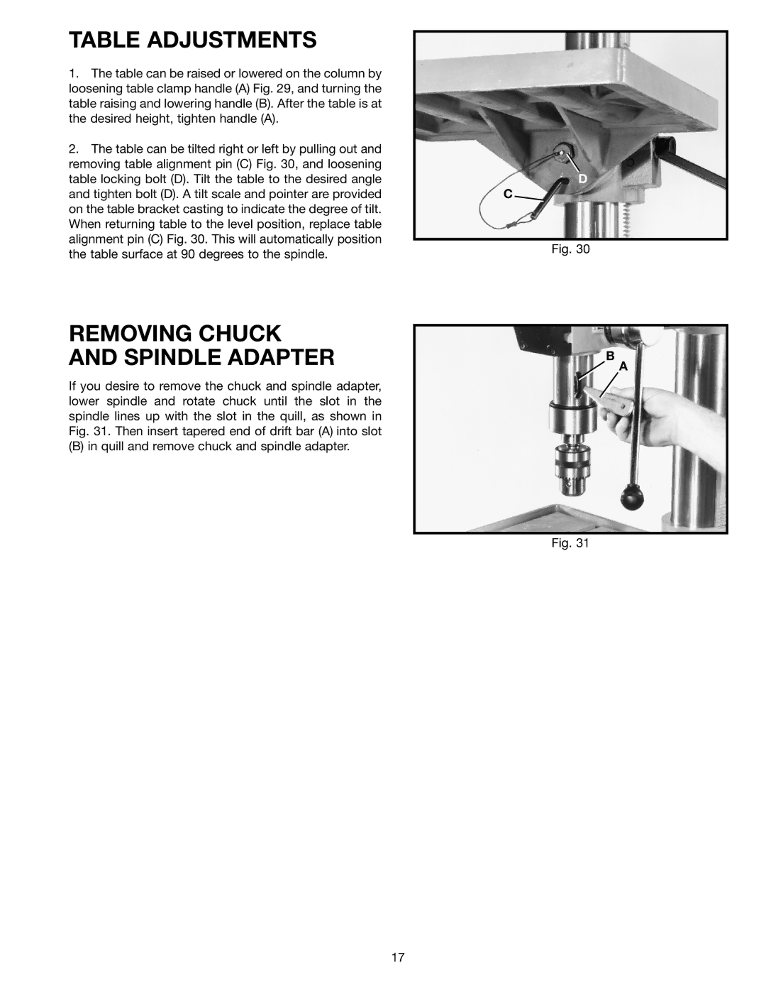 Porter-Cable 70-200 instruction manual Table Adjustments, Removing Chuck and Spindle Adapter 