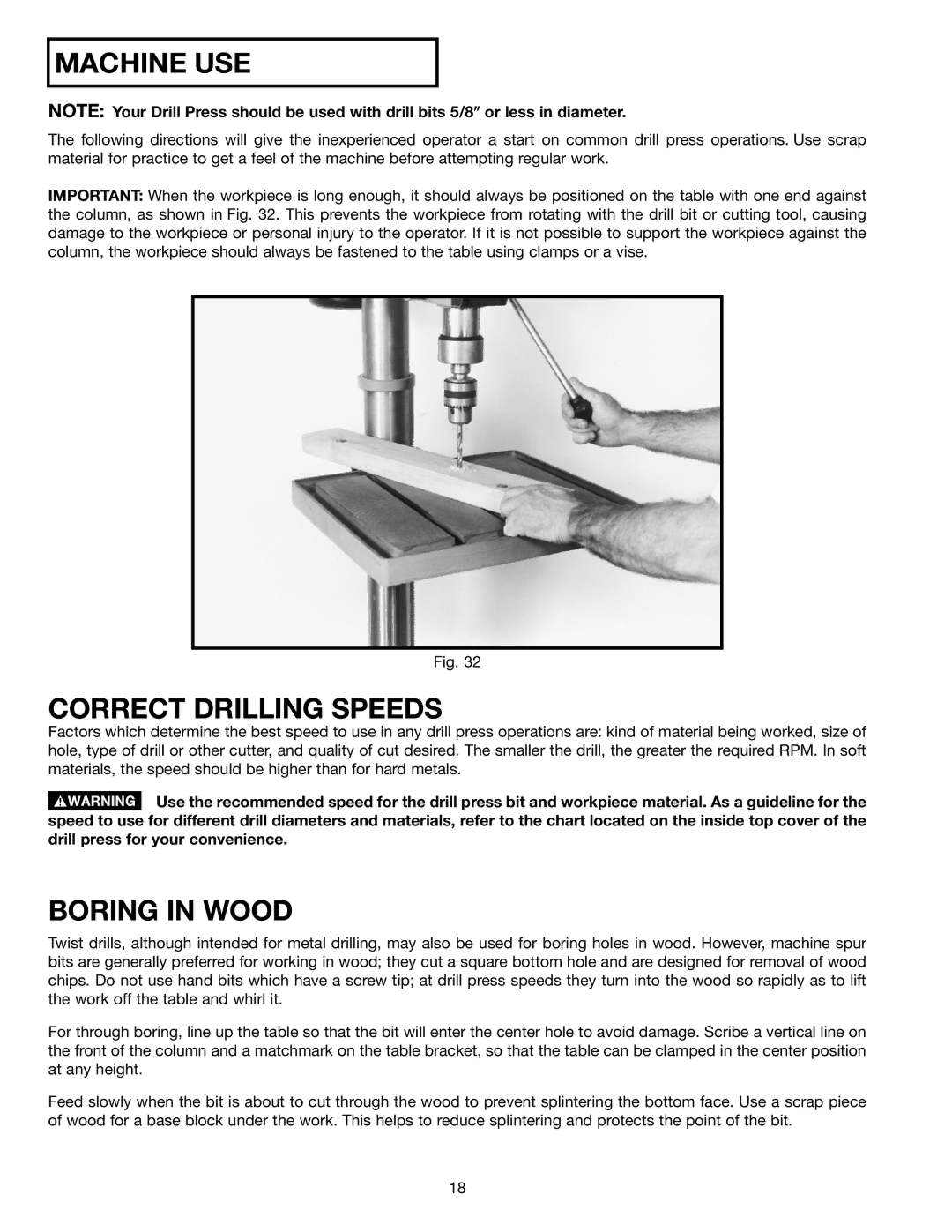 Porter-Cable 70-200 instruction manual Machine USE, Correct Drilling Speeds, Boring in Wood 